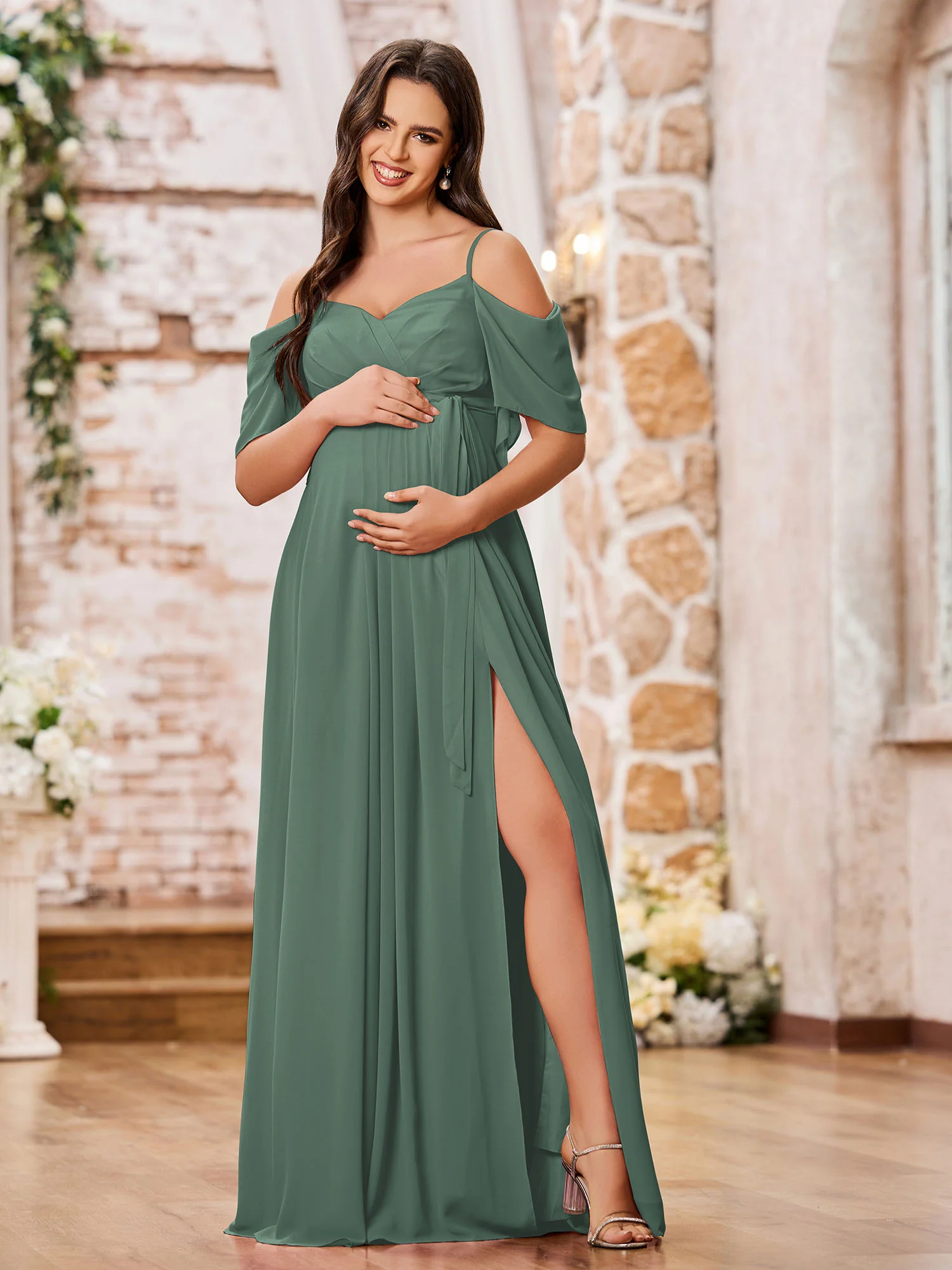 Sweetheart Neck Spaghetti Straps Empire Chiffon Dresses Eucalyptus
