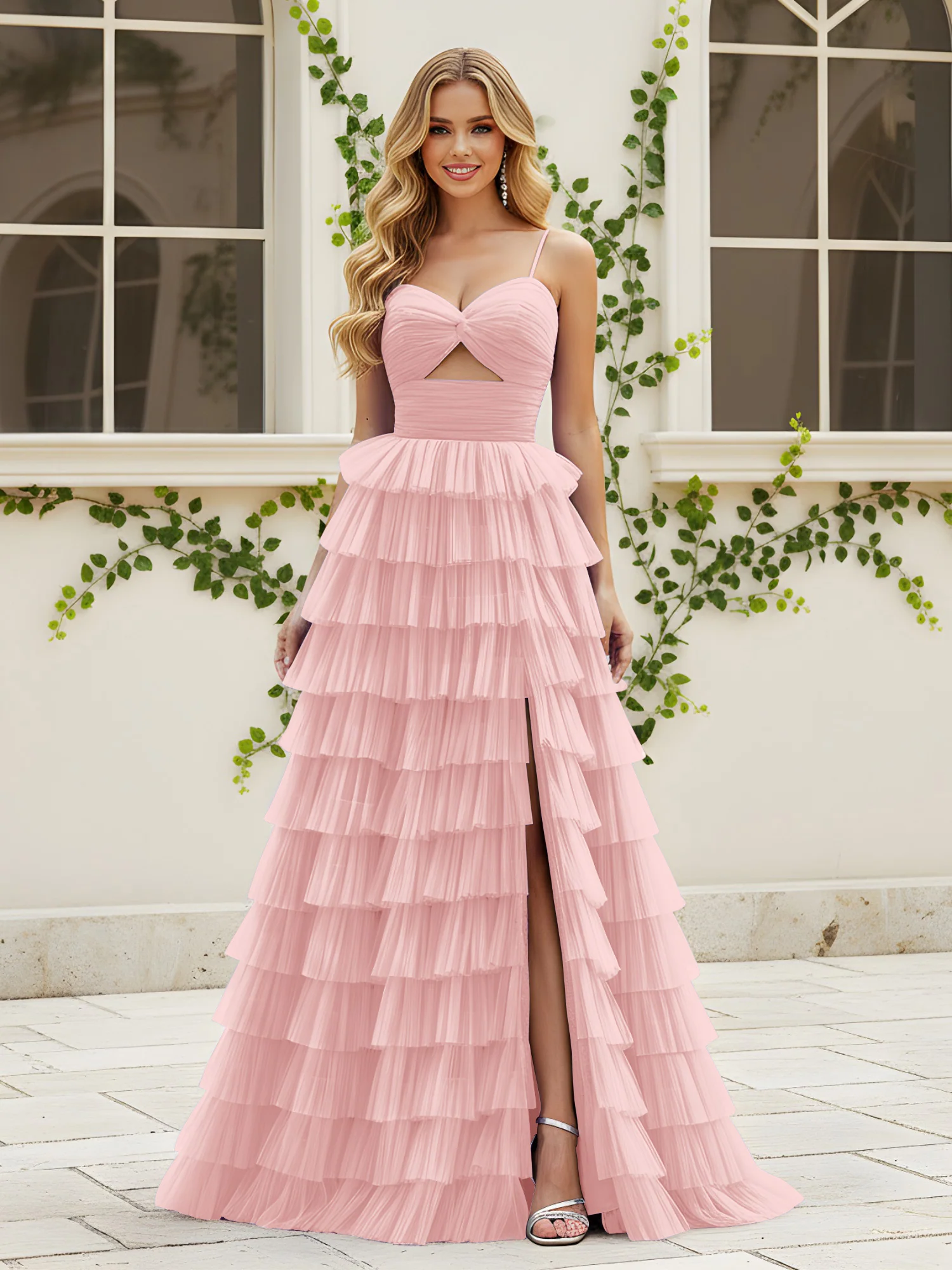 Sweetheart Neck Tiered Sweep Train Dress With Slit Dusty Rose