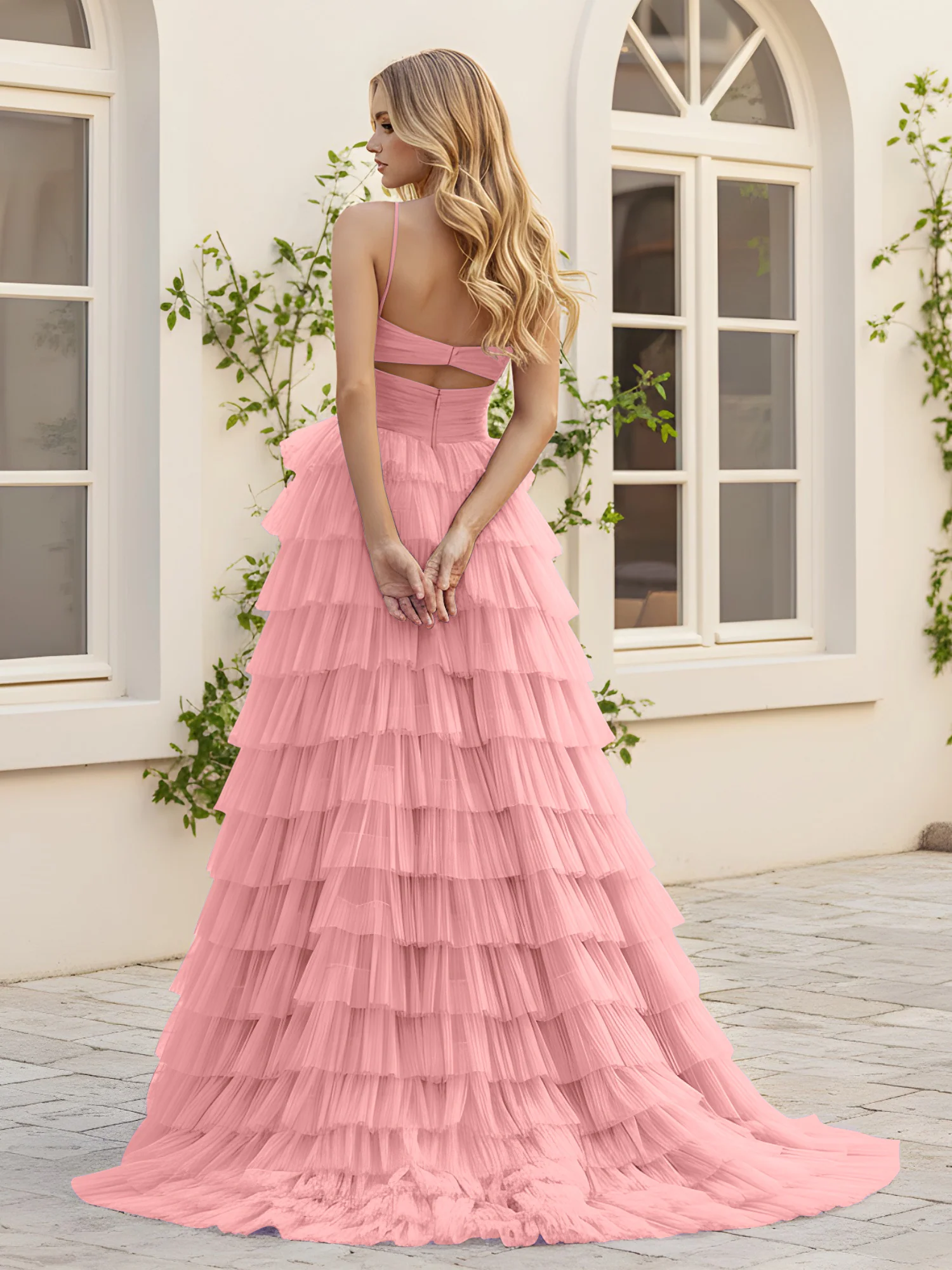 Sweetheart Neck Tiered Sweep Train Dress With Slit Flamingo - Image 2