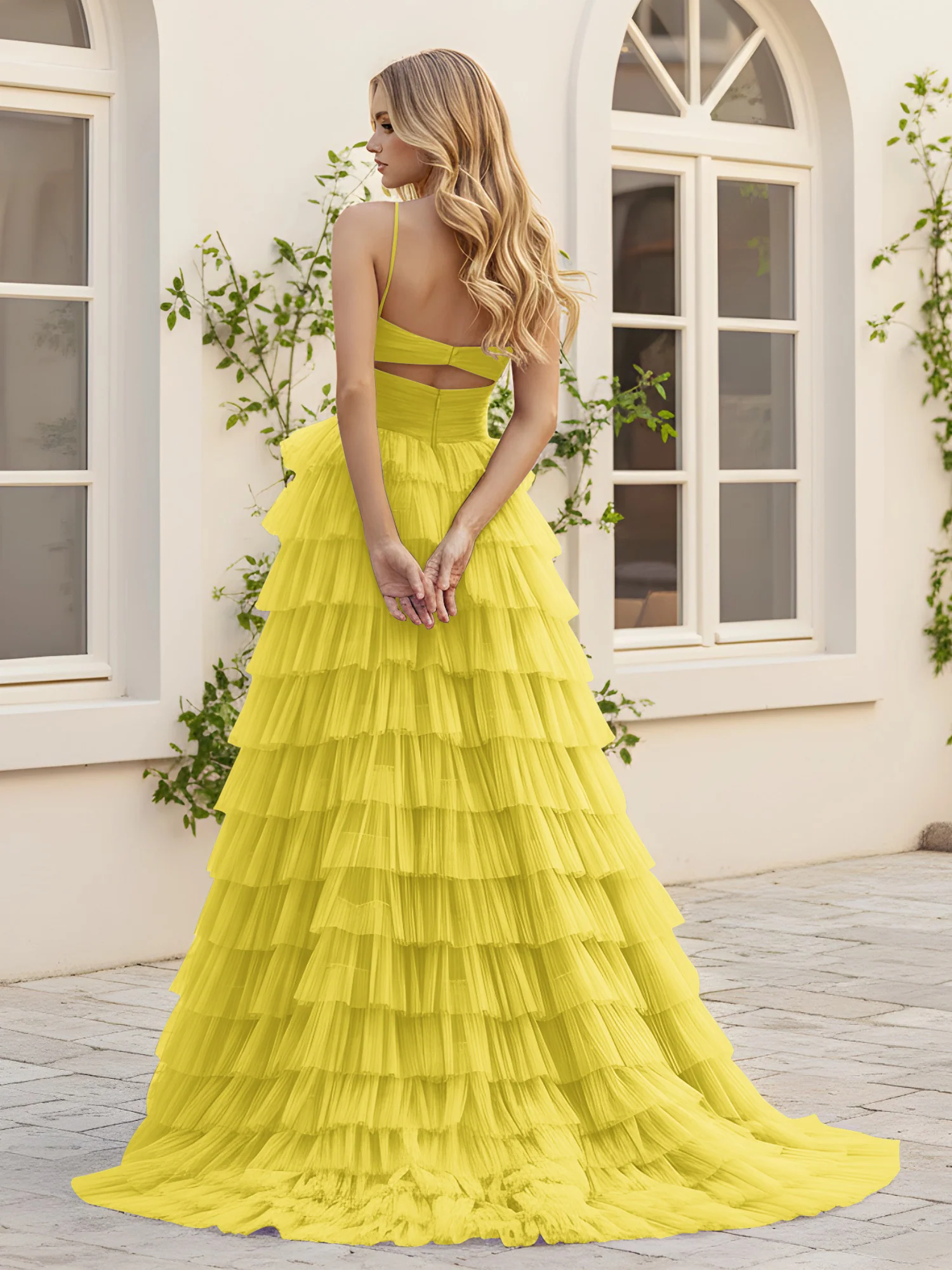 Sweetheart Neck Tiered Sweep Train Dress With Slit Lemon - Image 2