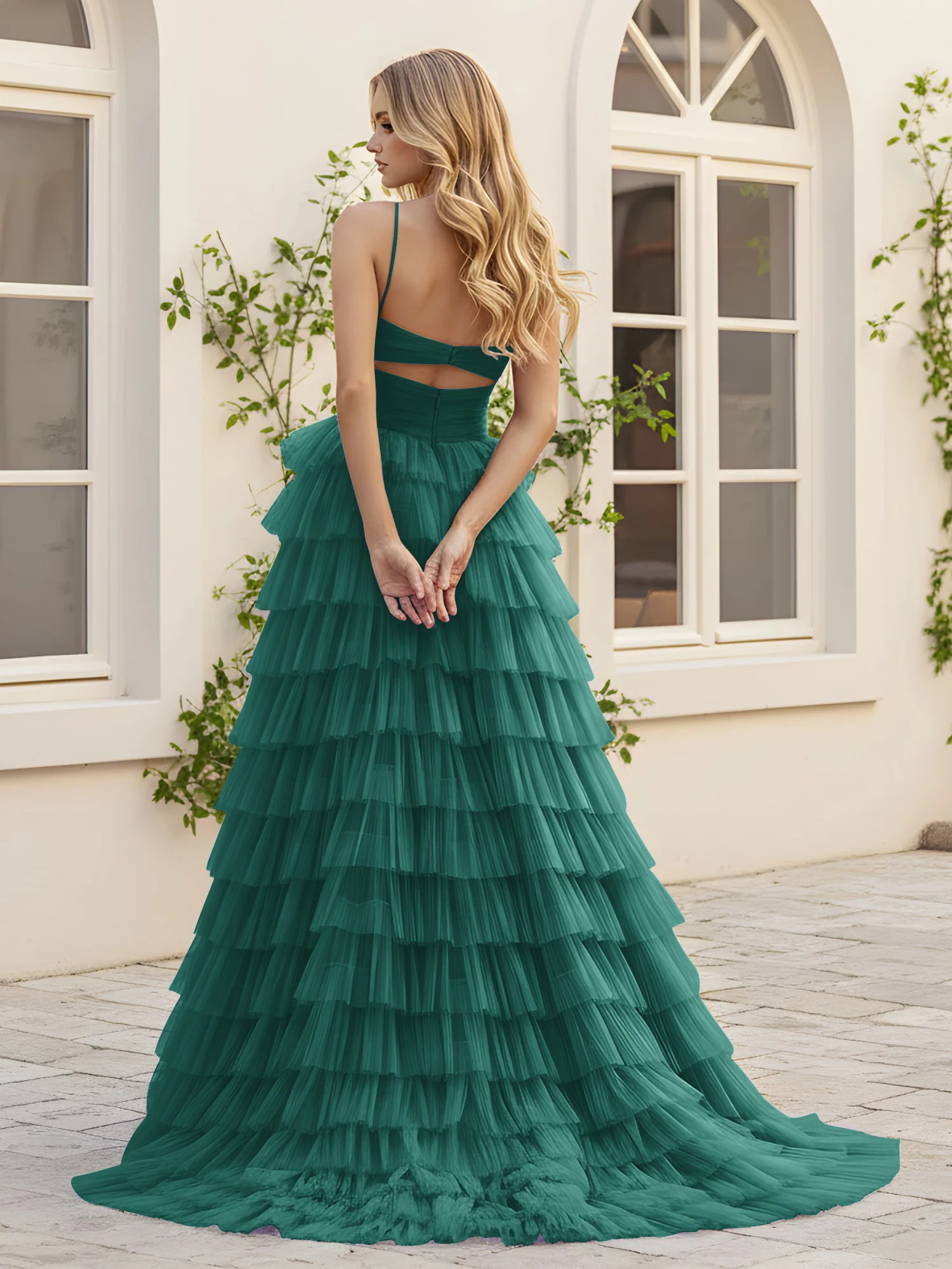Sweetheart Neck Tiered Sweep Train Dress With Slit Peacock - Image 2