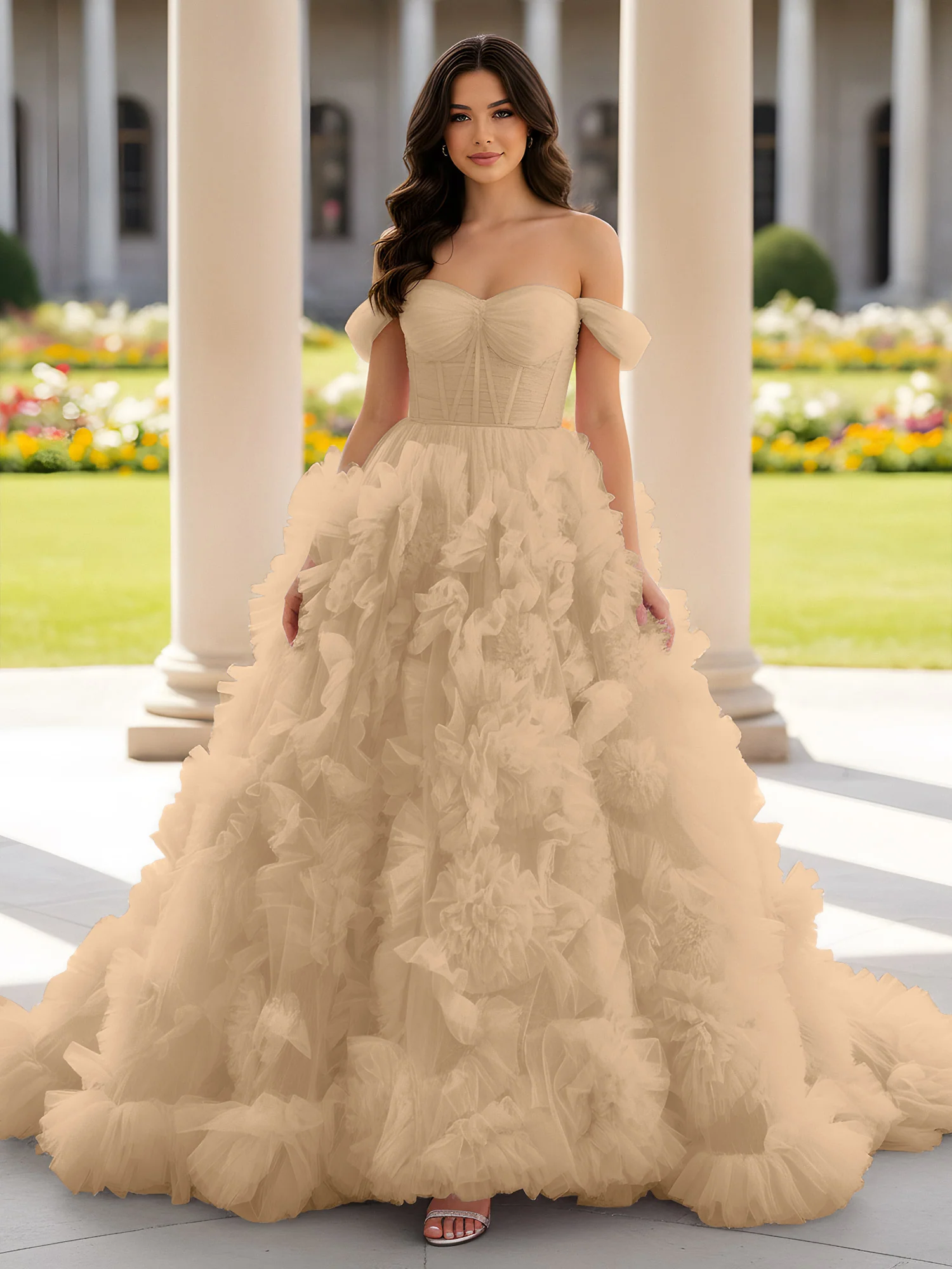 Sweetheart Off-the-shoulder Ruffle Ball Gown Sweep Train Champagne