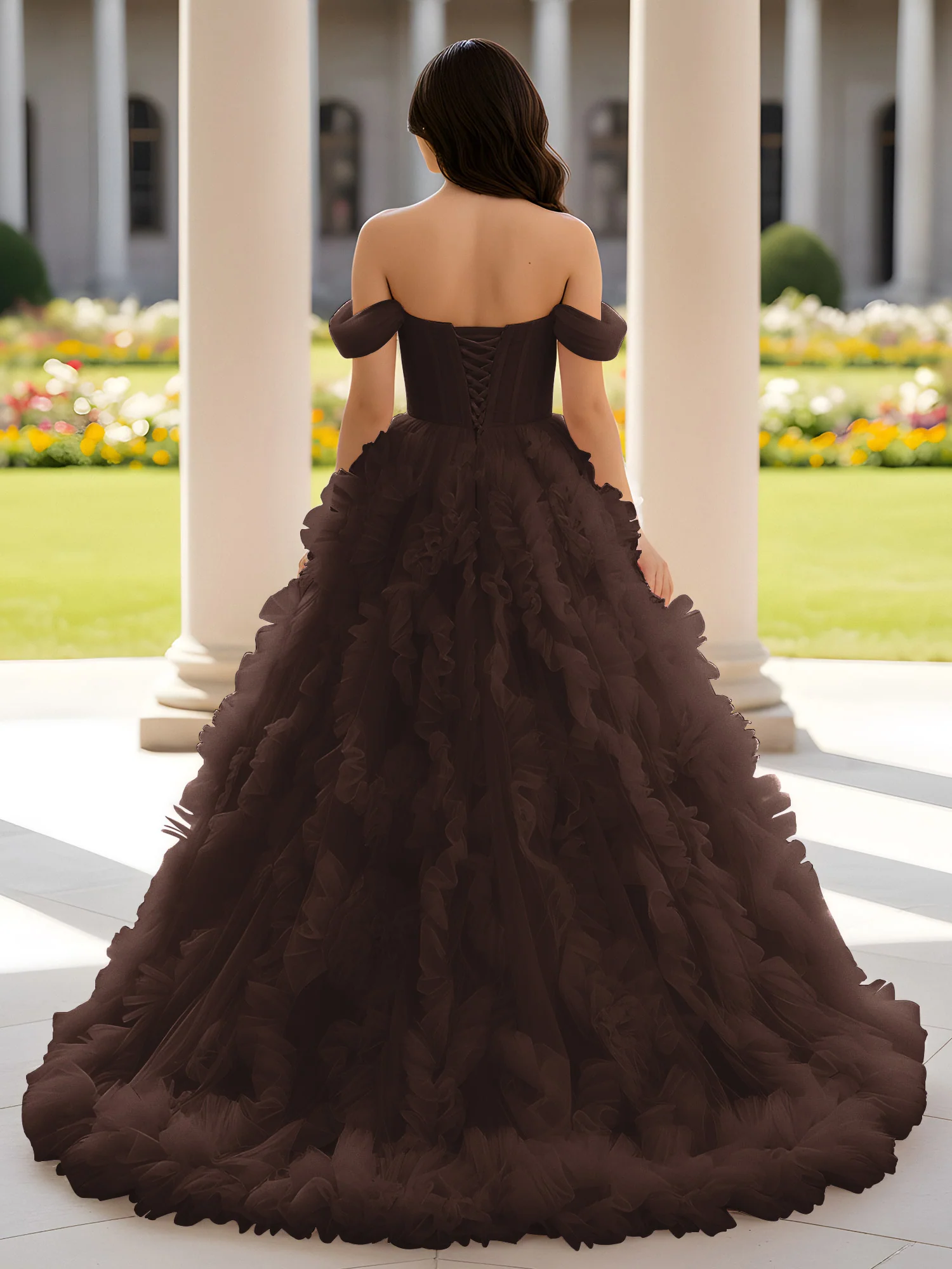 Sweetheart Off-the-shoulder Ruffle Ball Gown Sweep Train Chocolate - Image 2