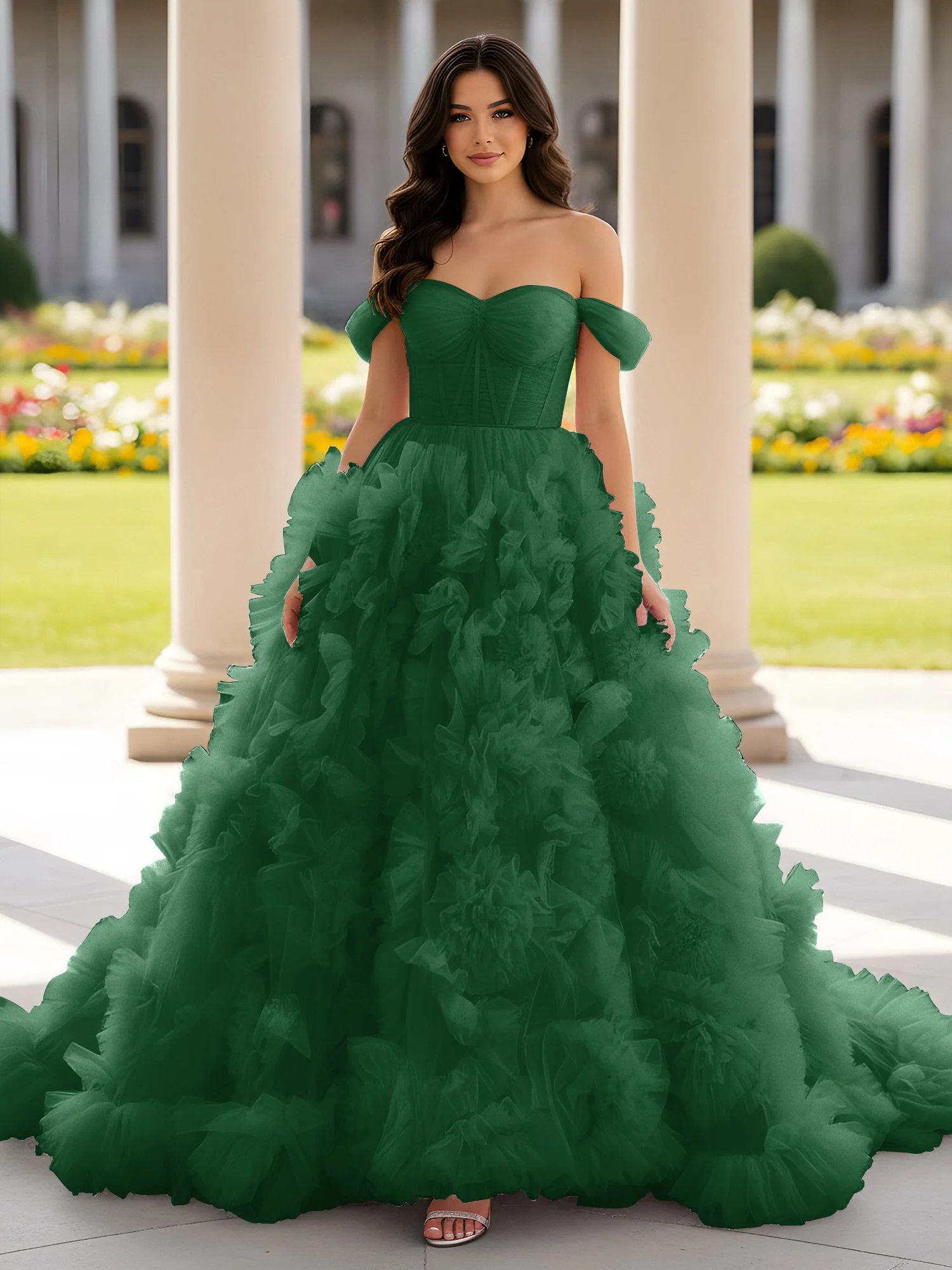 Sweetheart Off-the-shoulder Ruffle Ball Gown Sweep Train Dark Green