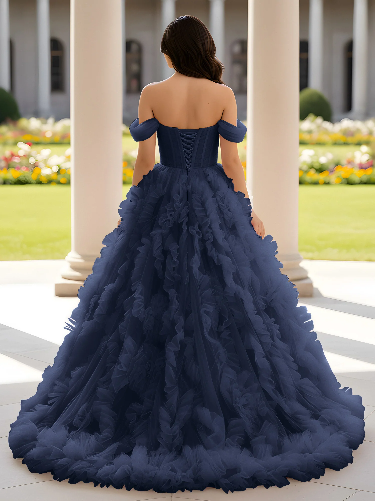 Sweetheart Off-the-shoulder Ruffle Ball Gown Sweep Train Dark Navy - Image 2