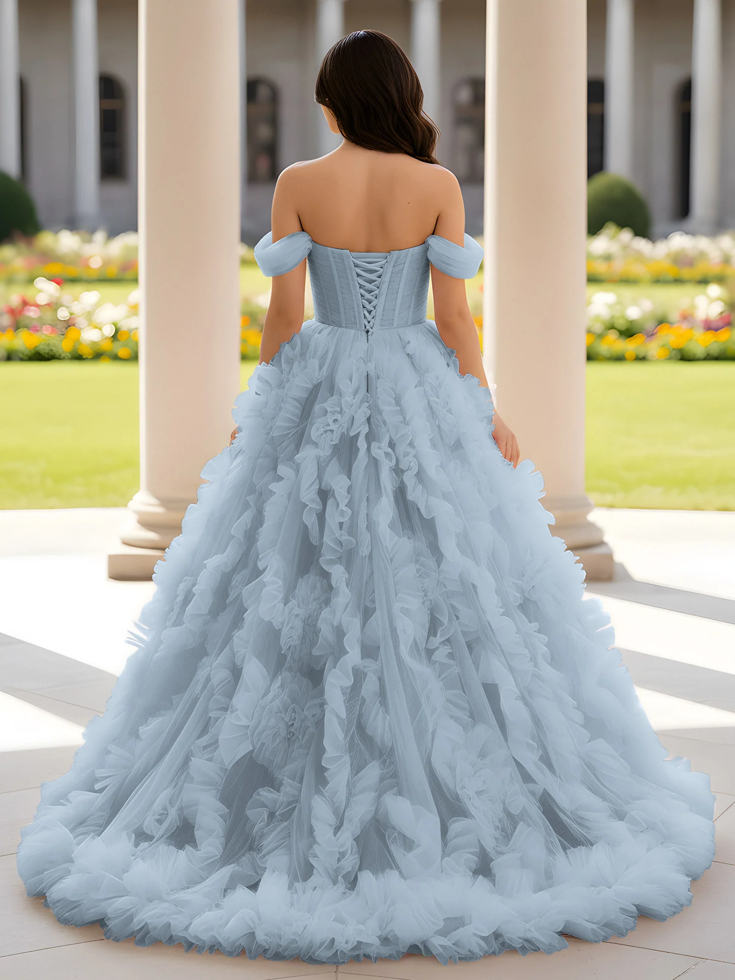 Sweetheart Off-the-shoulder Ruffle Ball Gown Sweep Train Dusty Blue - Image 2