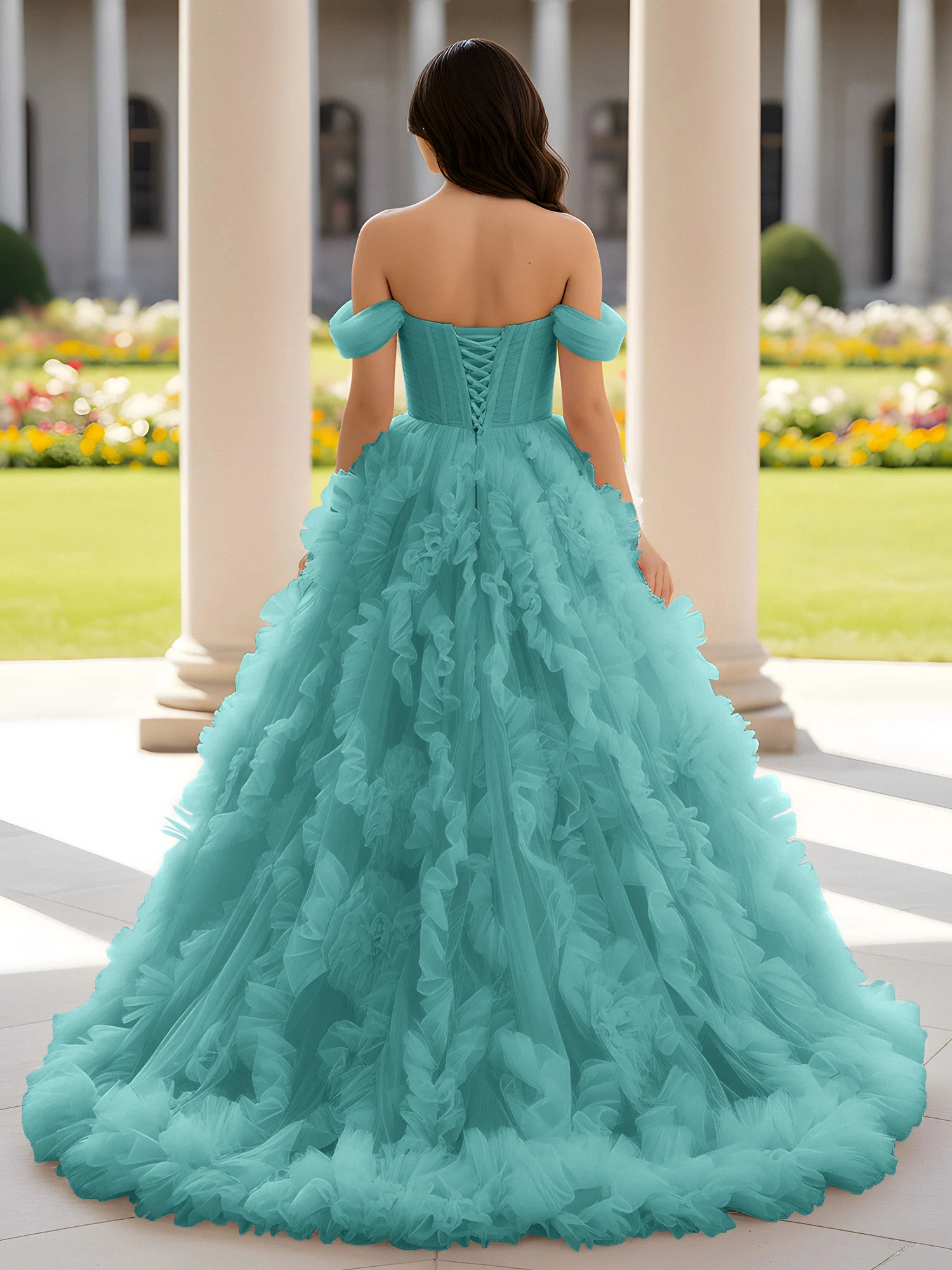 Sweetheart Off-the-shoulder Ruffle Ball Gown Sweep Train Jade - Image 2