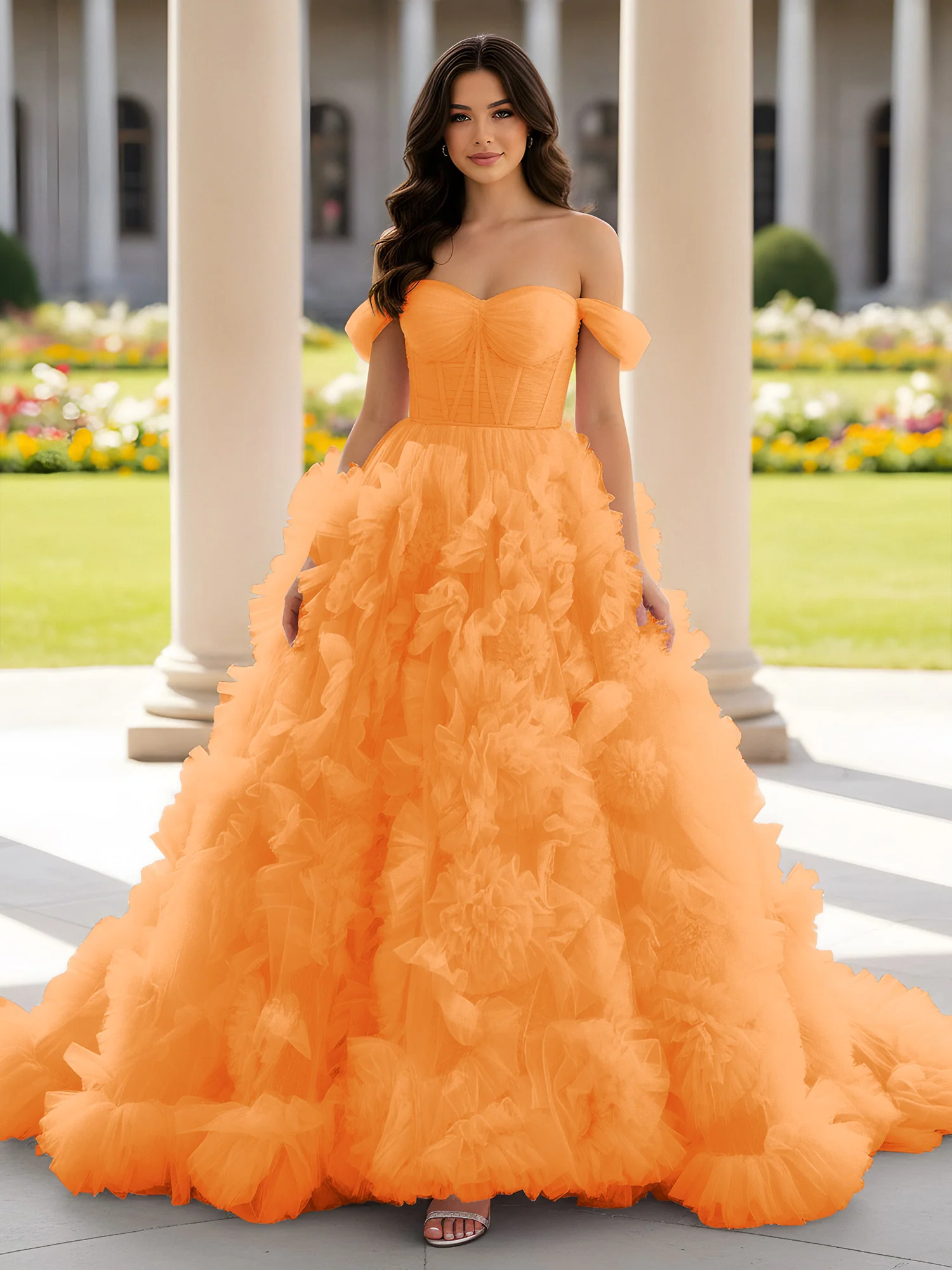 Sweetheart Off-the-shoulder Ruffle Ball Gown Sweep Train Orange