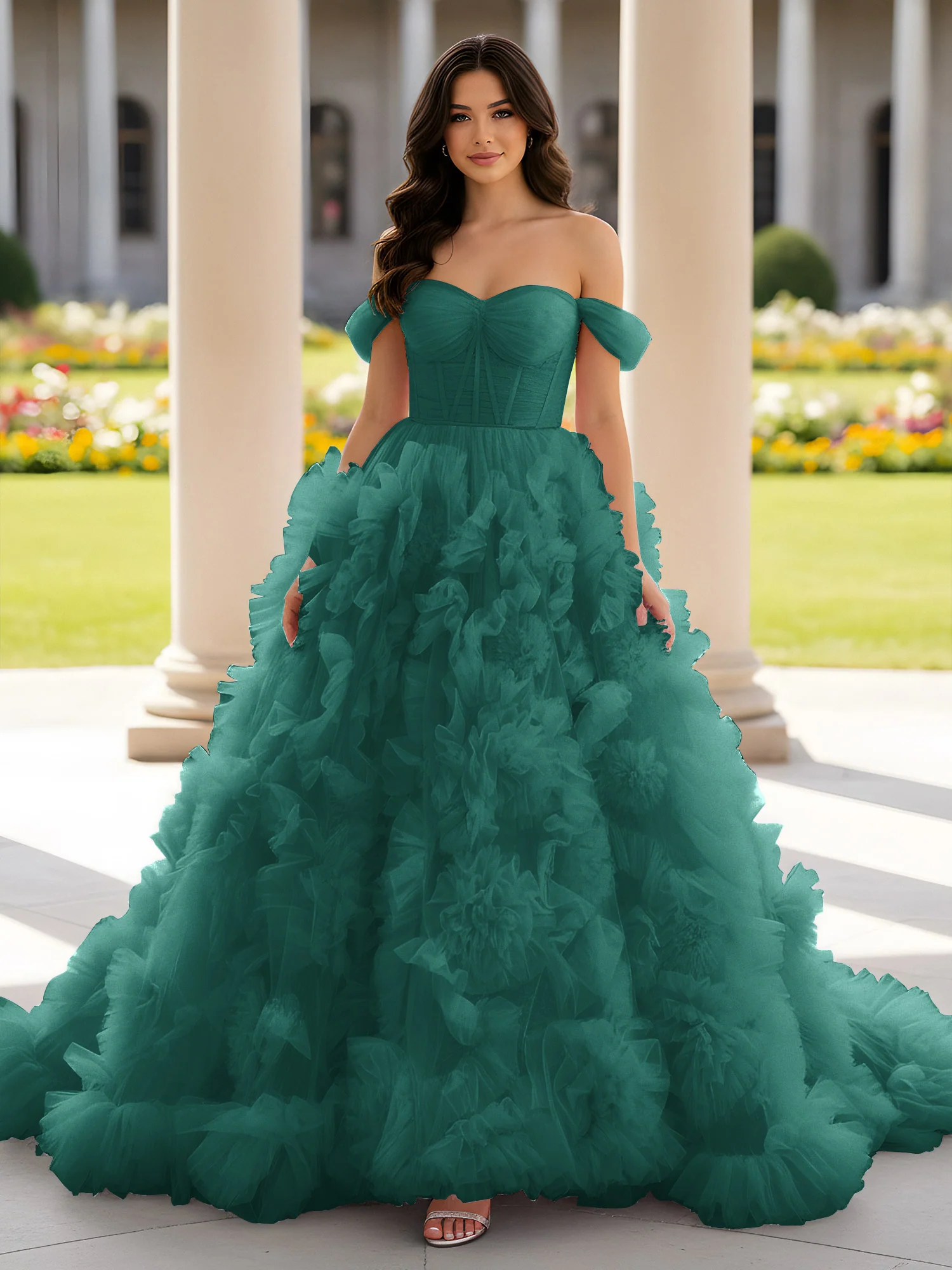 Sweetheart Off-the-shoulder Ruffle Ball Gown Sweep Train Peacock