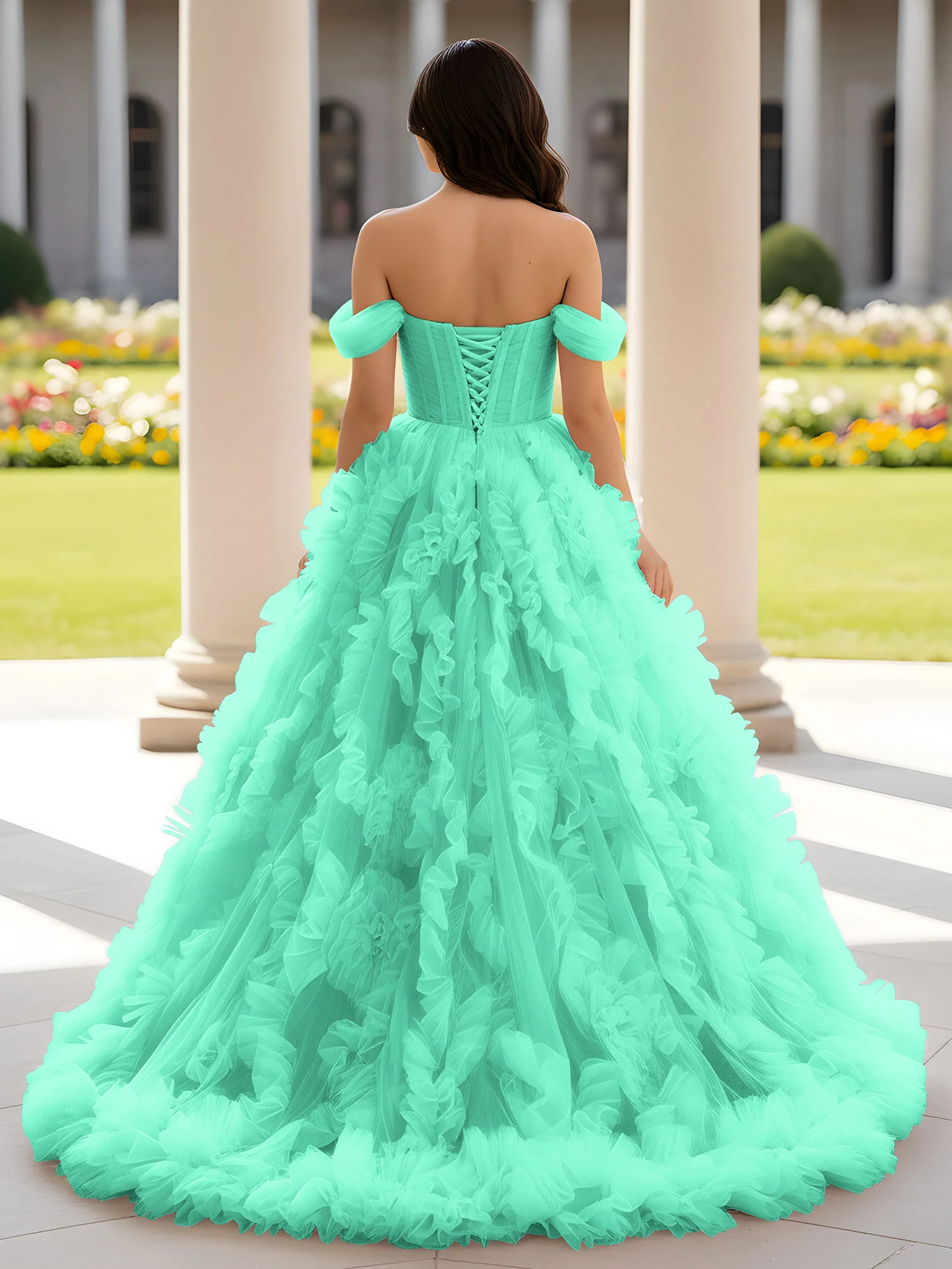 Sweetheart Off-the-shoulder Ruffle Ball Gown Sweep Train Turquoise - Image 2