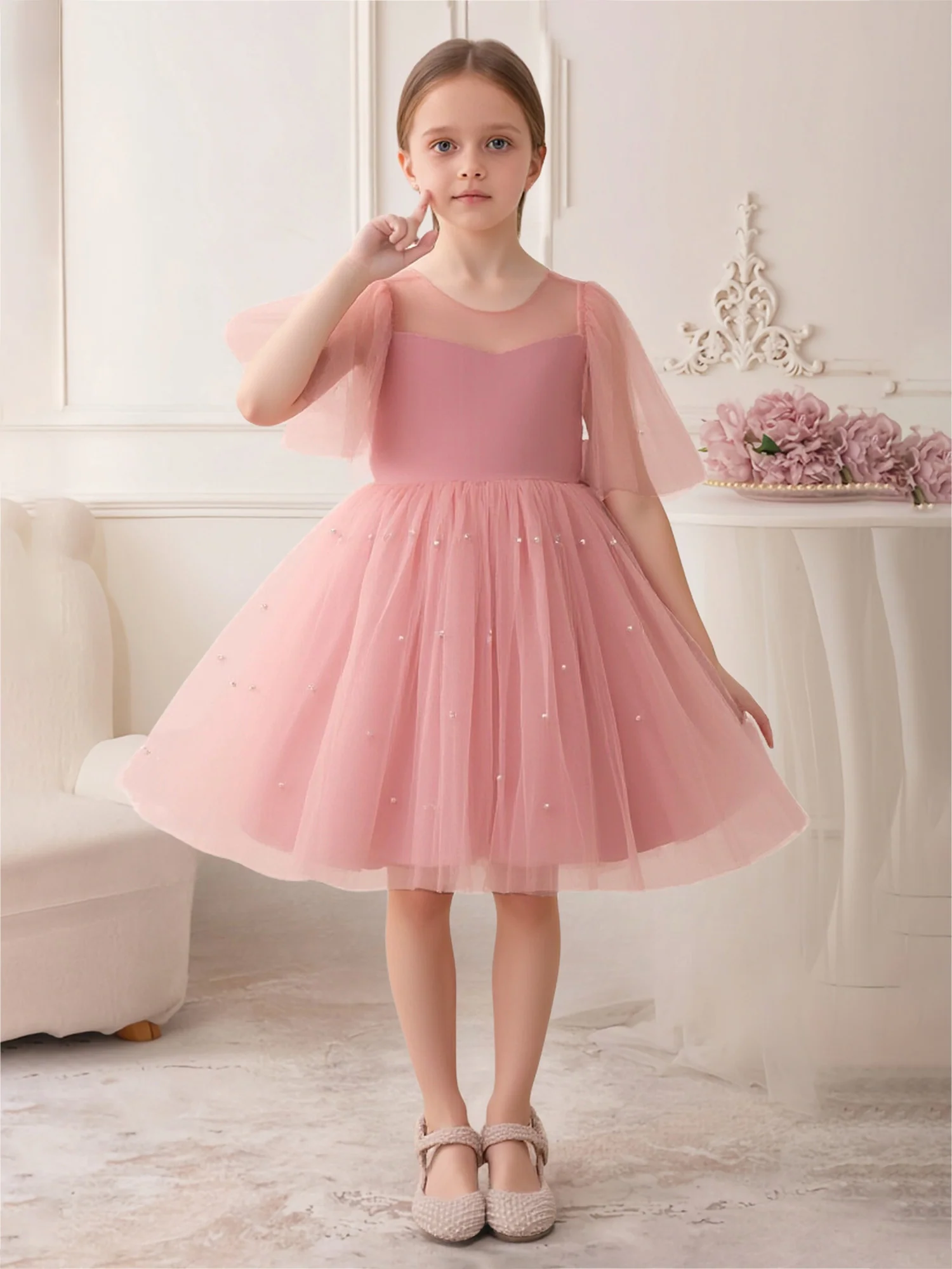 Sheer Ruffle Sleeve Beaded Tulle Flower Girl Dress Flamingo