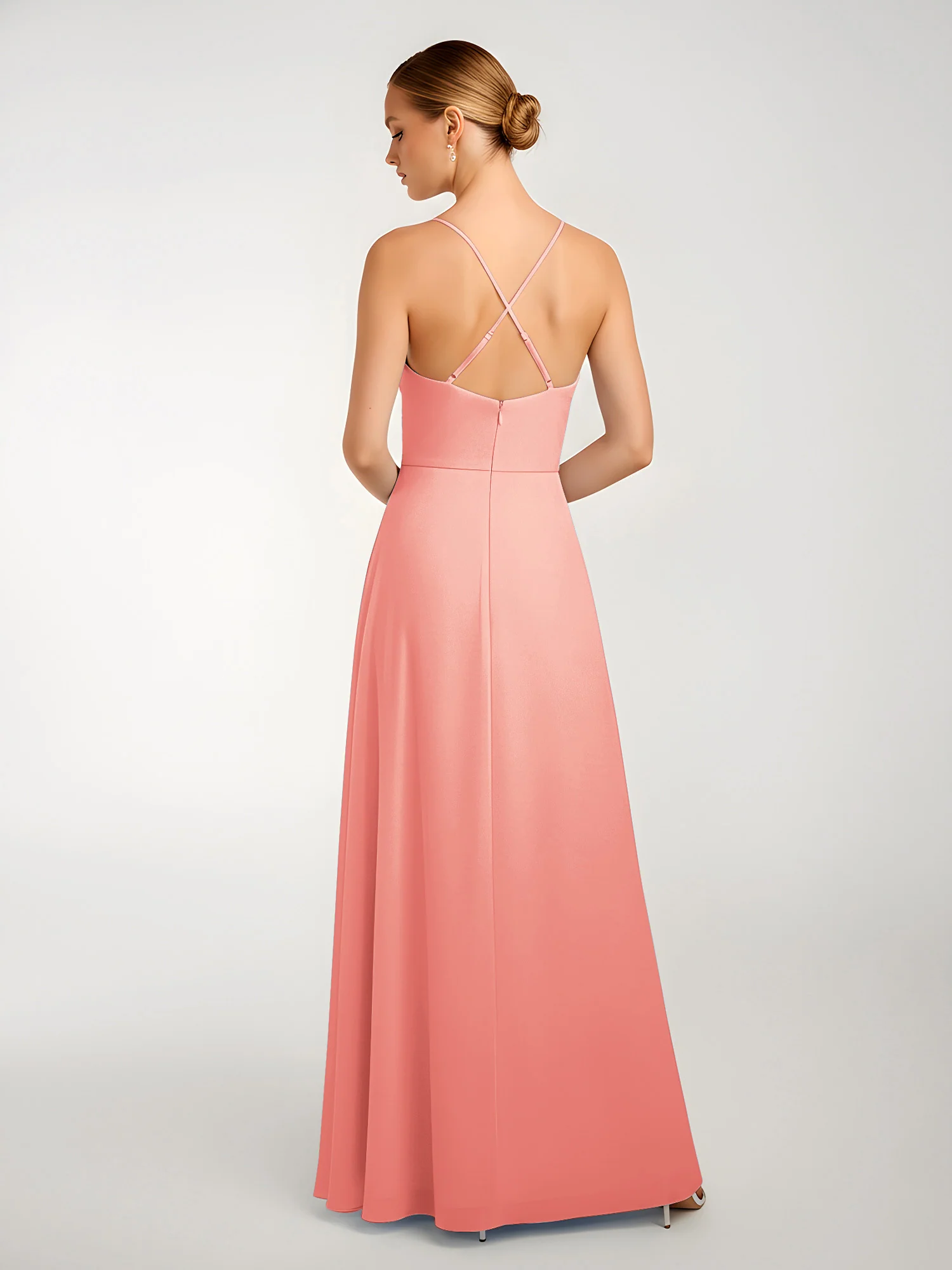 Chiffon A-Line Criss-Cross Straps Dresses With Slit Coral - Image 2