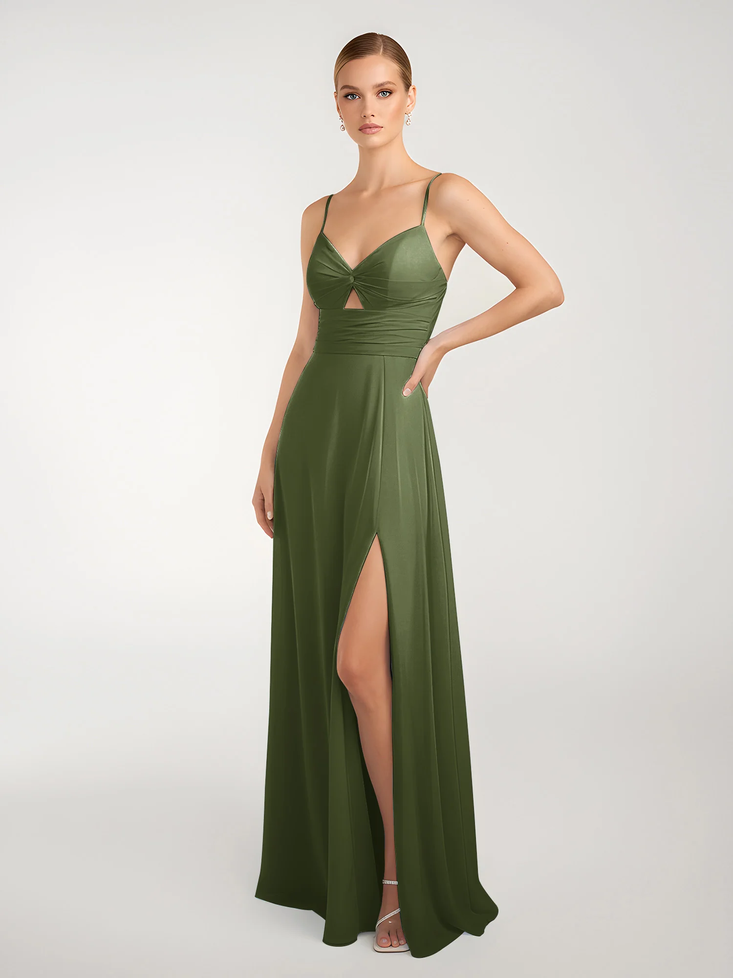 Chiffon A-Line Criss-Cross Straps Dresses With Slit Olive Green