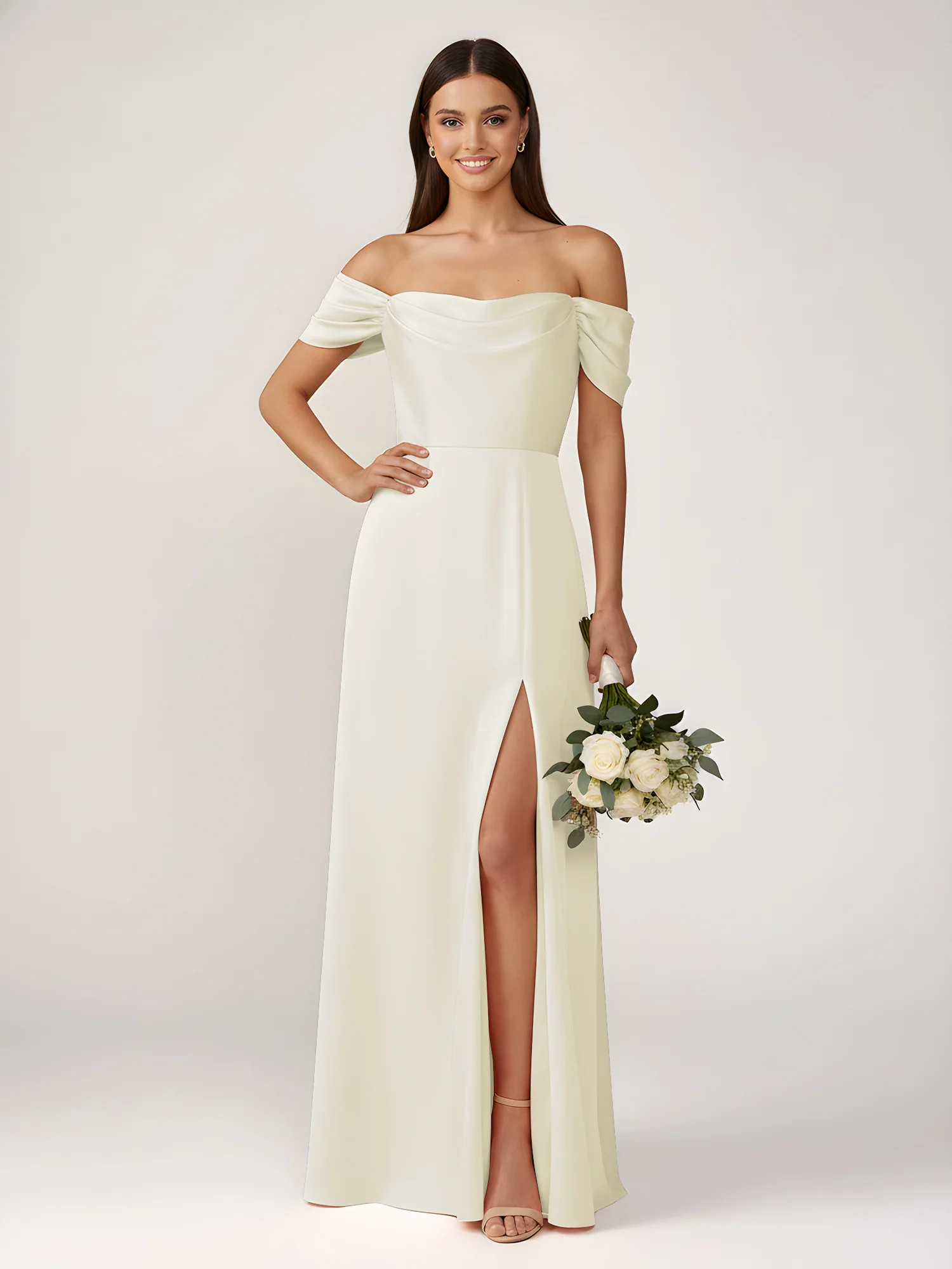 Off-The-Shoulder A-Line Floor Length Dresses With Slit Ivory