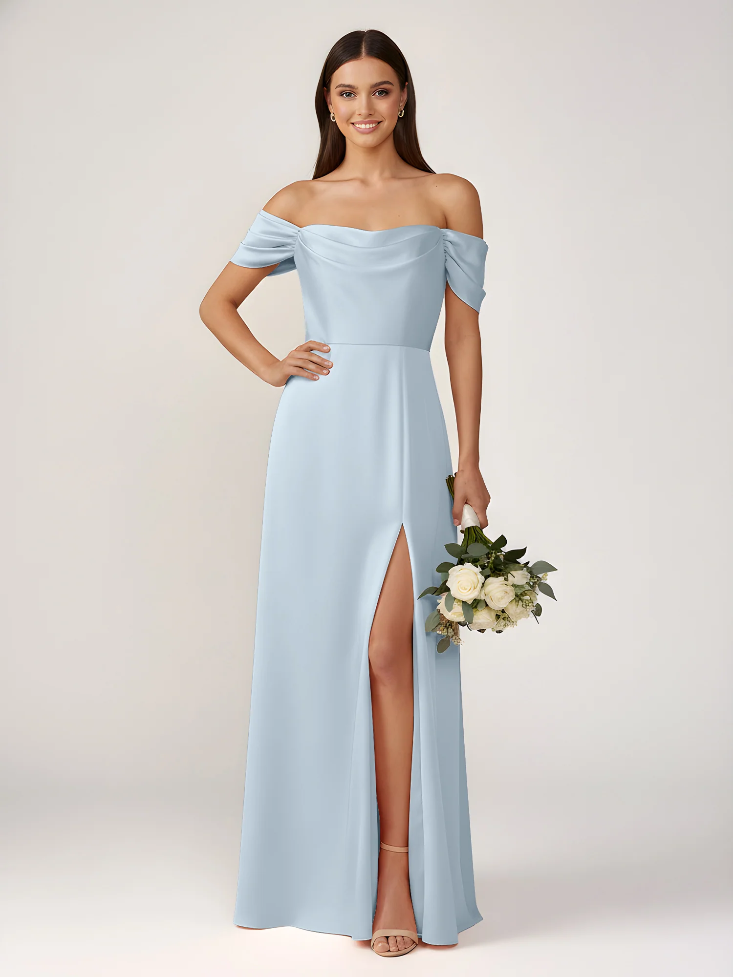 Off-The-Shoulder A-Line Floor Length Dresses With Slit Mist
