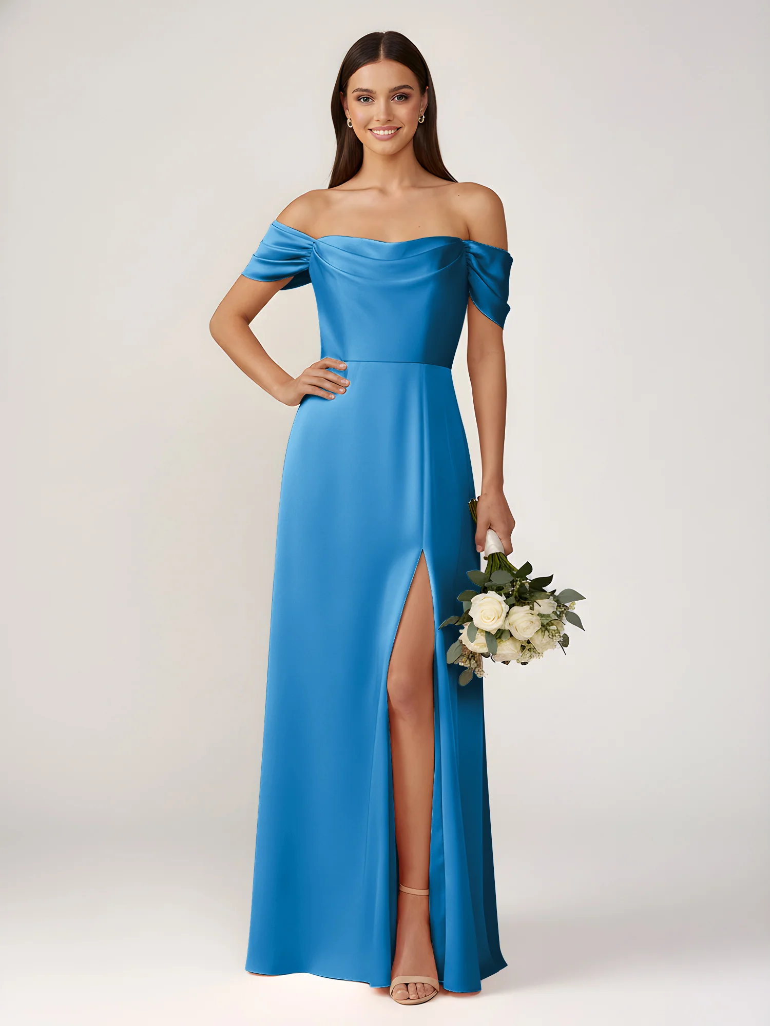 Off-The-Shoulder A-Line Floor Length Dresses With Slit Ocean Blue