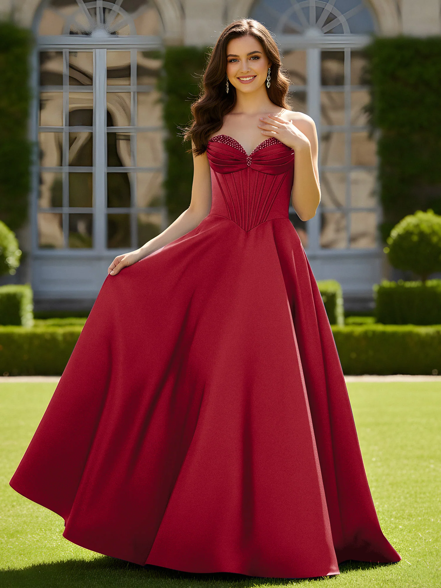 Sleeveless Sweep Train Satin Lace-Up Gown Burgundy