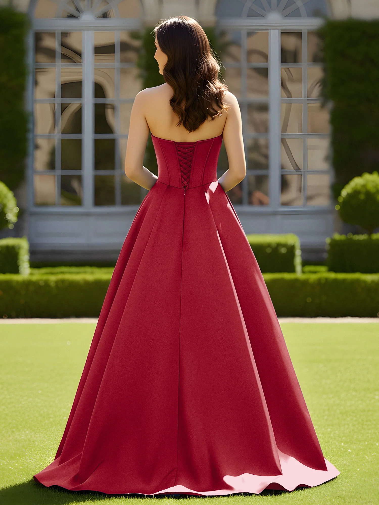 Sleeveless Sweep Train Satin Lace-Up Gown Burgundy - Image 2