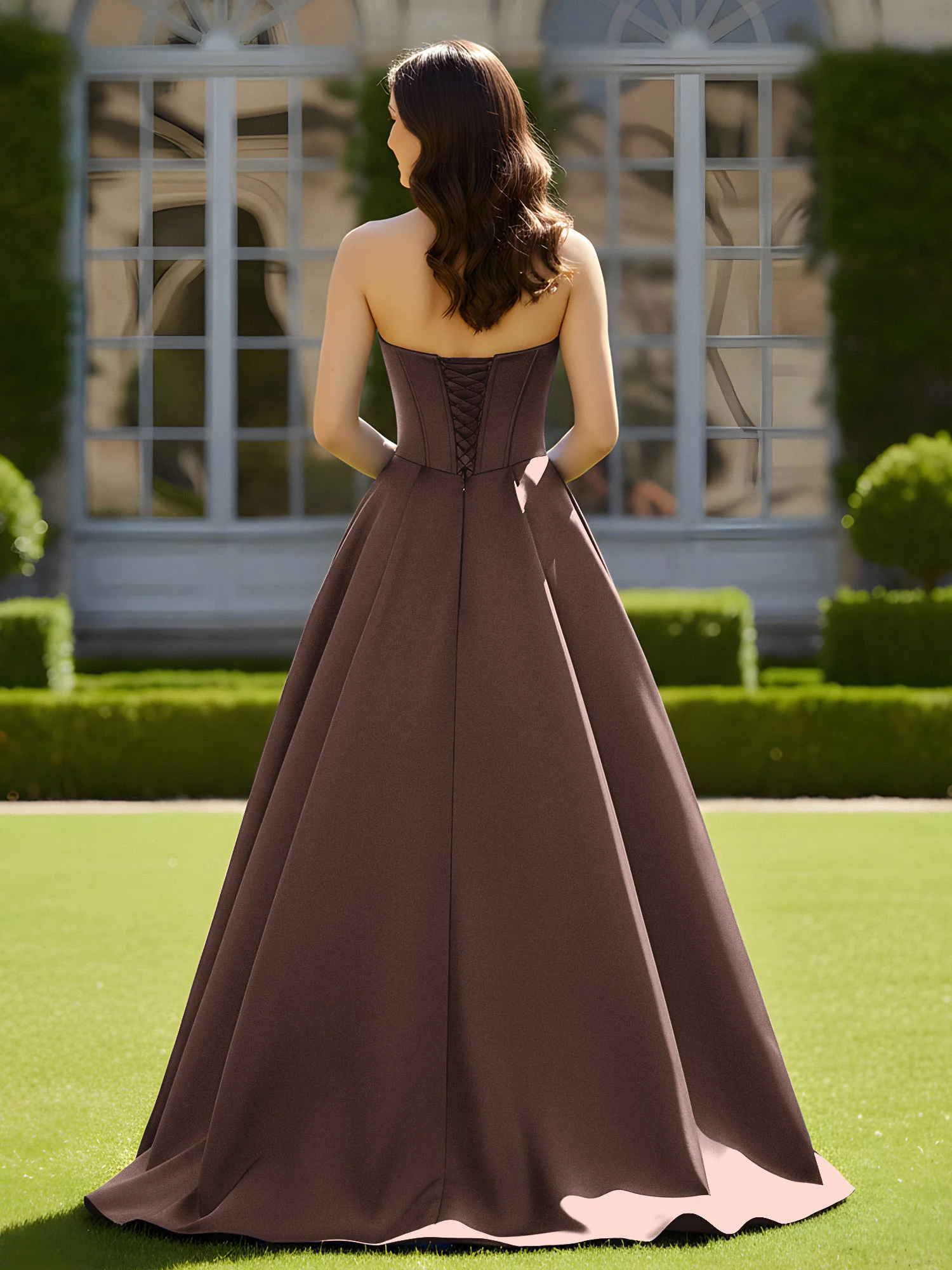 Sleeveless Sweep Train Satin Lace-Up Gown Chocolate - Image 2