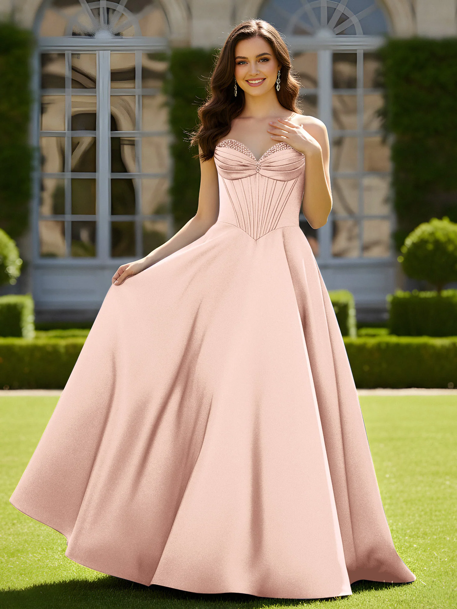 Sleeveless Sweep Train Satin Lace-Up Gown Pearl Pink