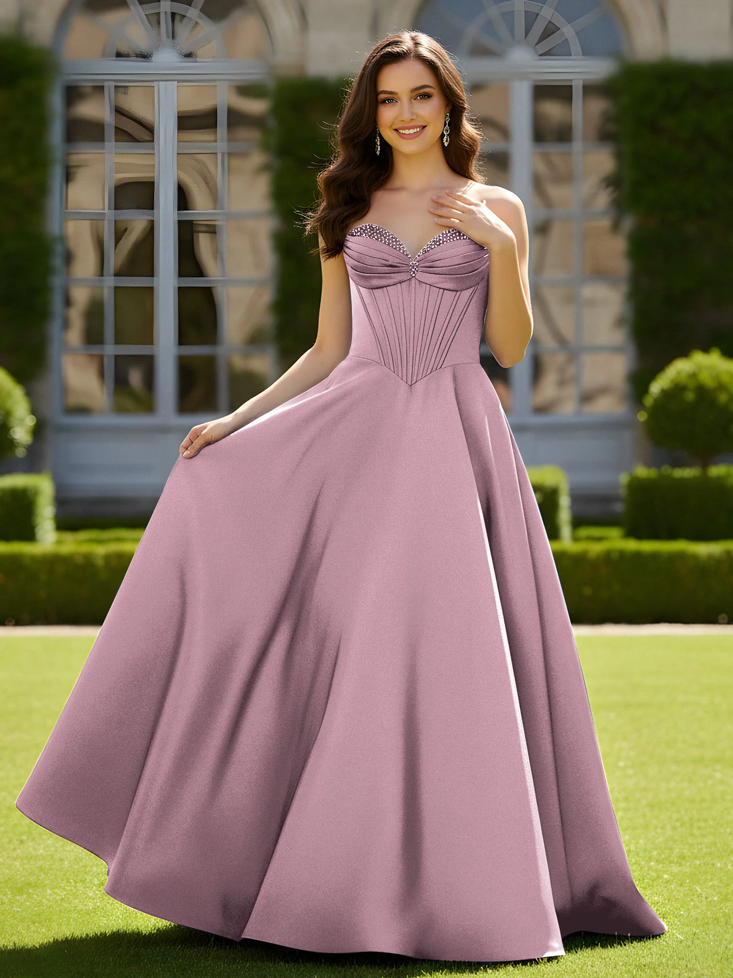 Sleeveless Sweep Train Satin Lace-Up Gown Vintage Mauve