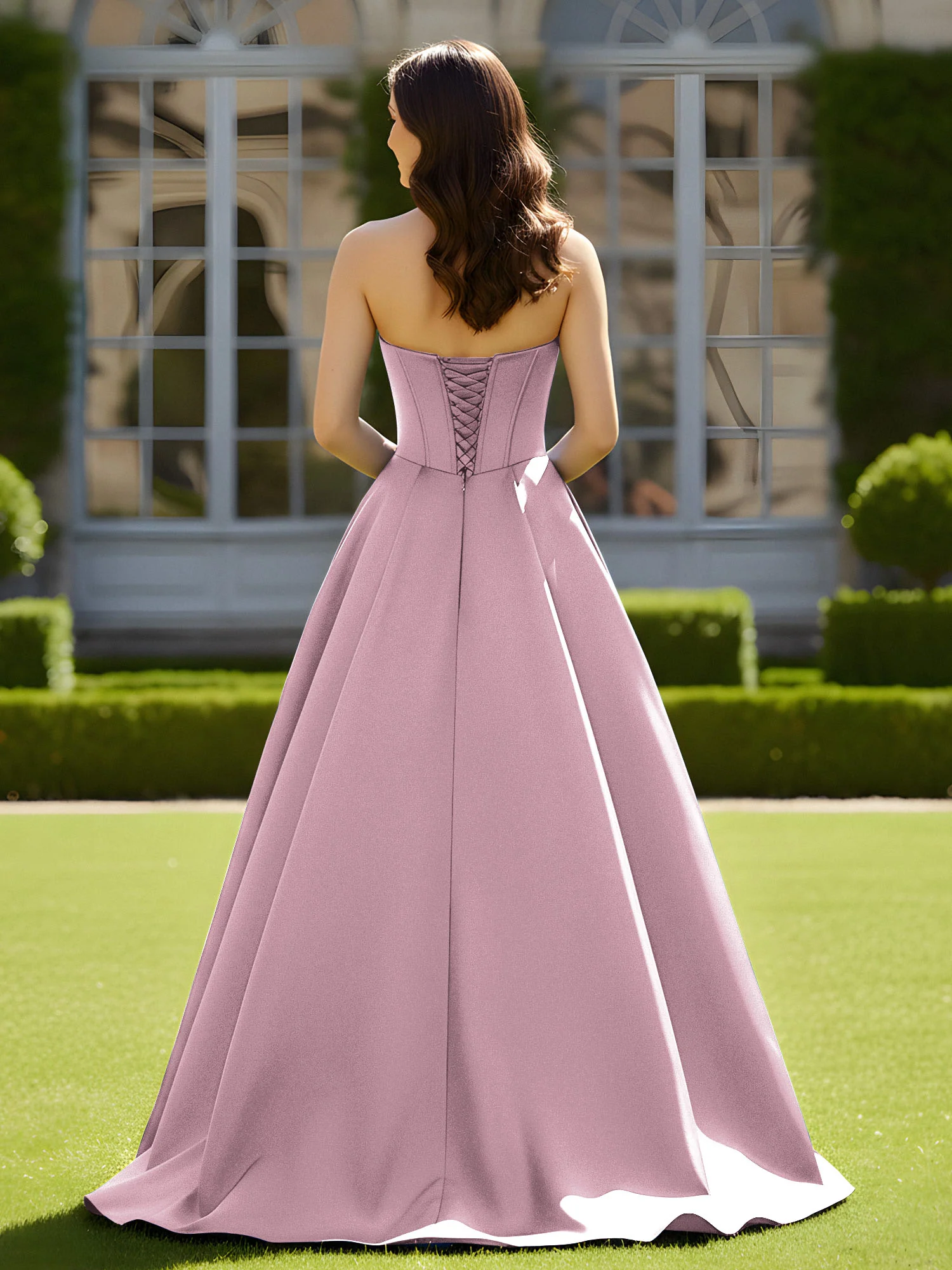 Sleeveless Sweep Train Satin Lace-Up Gown Vintage Mauve - Image 2
