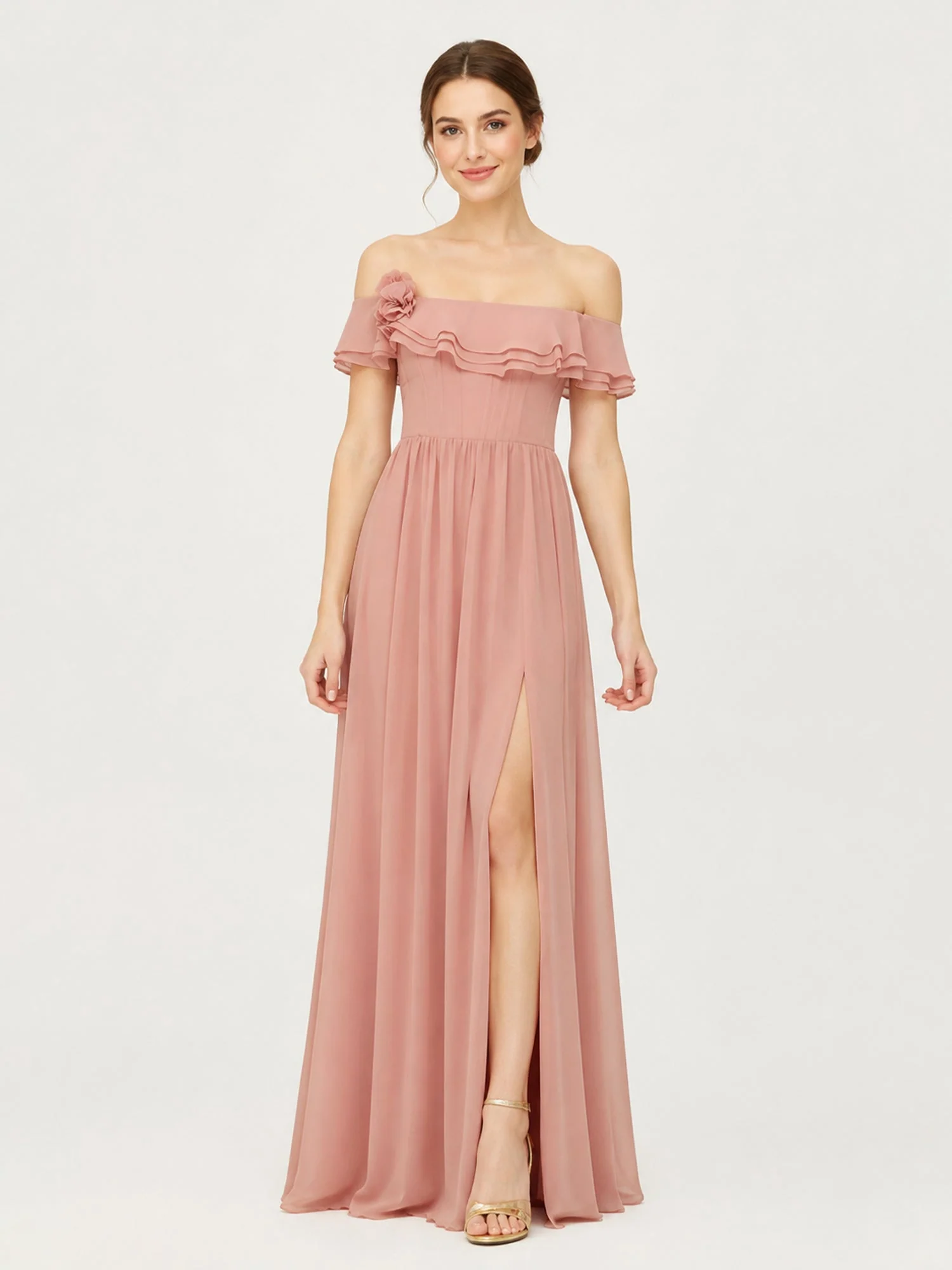 Tiered Ruffled Off-the-Shoulder A-Line Gown with Slit Lemon