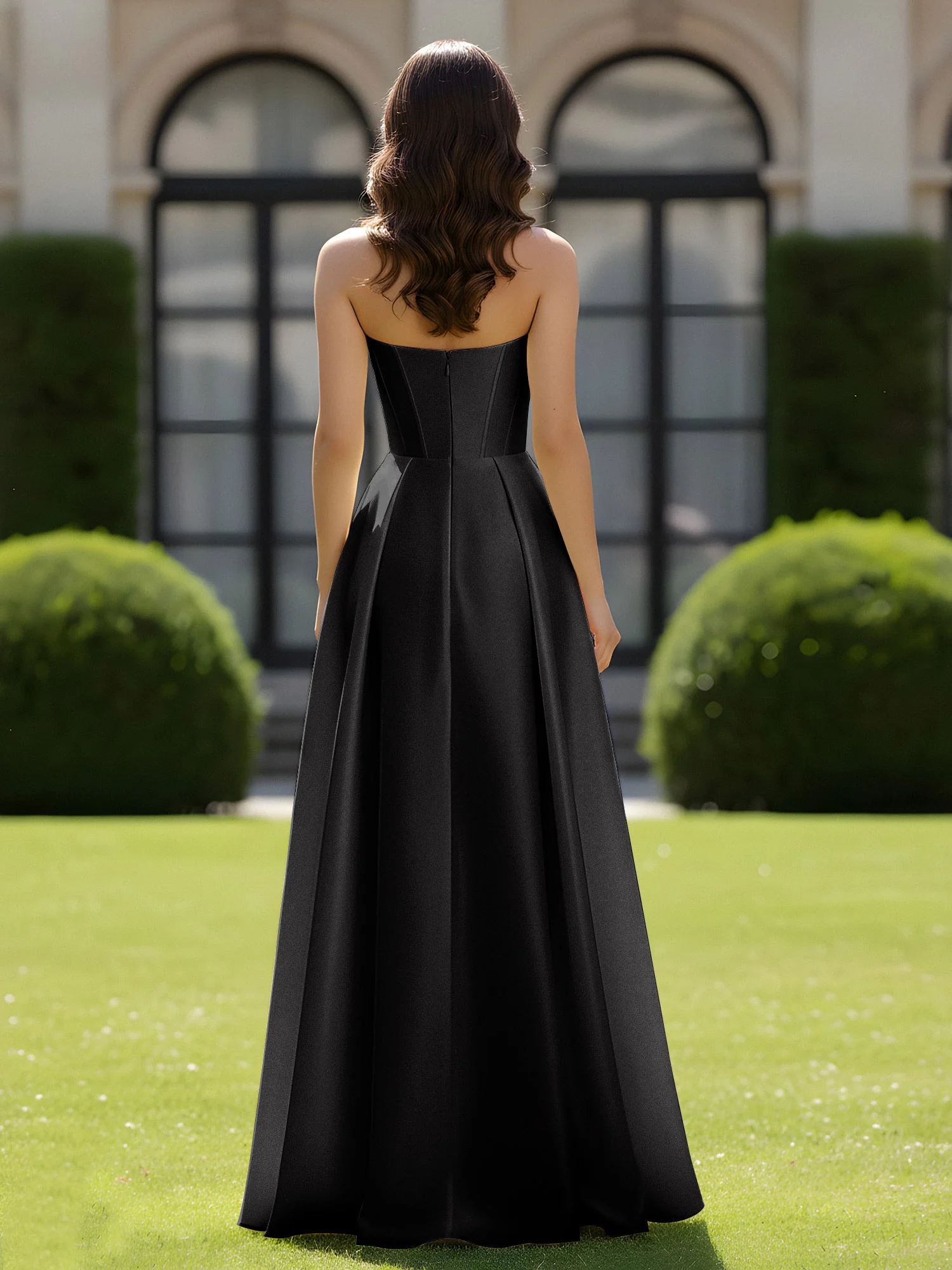 A-Line Sweetheart Satin Zipper Floor Length Gown Black - Image 2