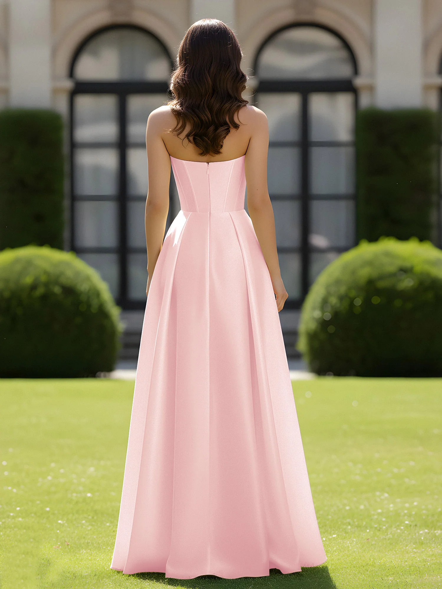 A-Line Sweetheart Satin Zipper Floor Length Gown Blushing Pink - Image 2