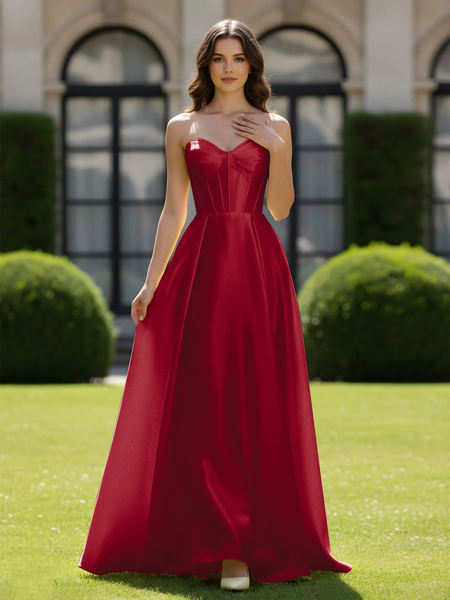 A-Line Sweetheart Satin Zipper Floor Length Gown Burgundy