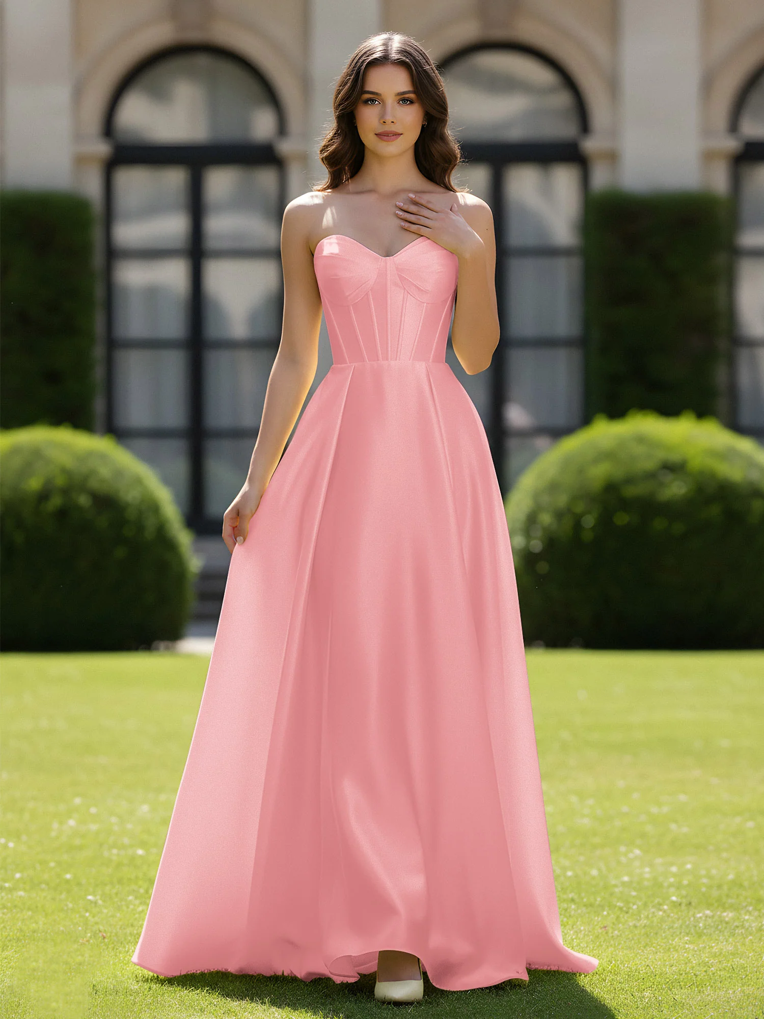 A-Line Sweetheart Satin Zipper Floor Length Gown Flamingo