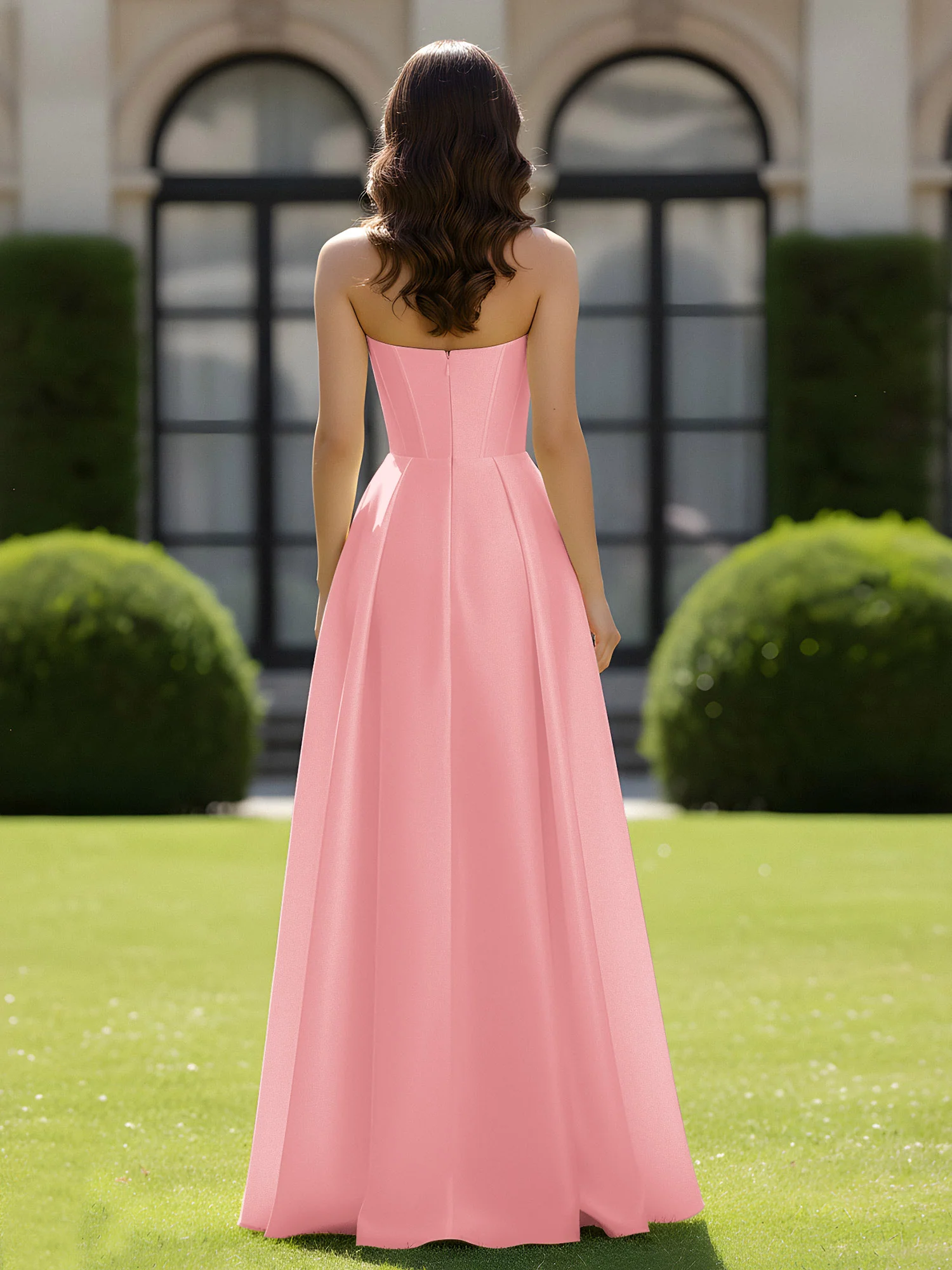 A-Line Sweetheart Satin Zipper Floor Length Gown Flamingo - Image 2