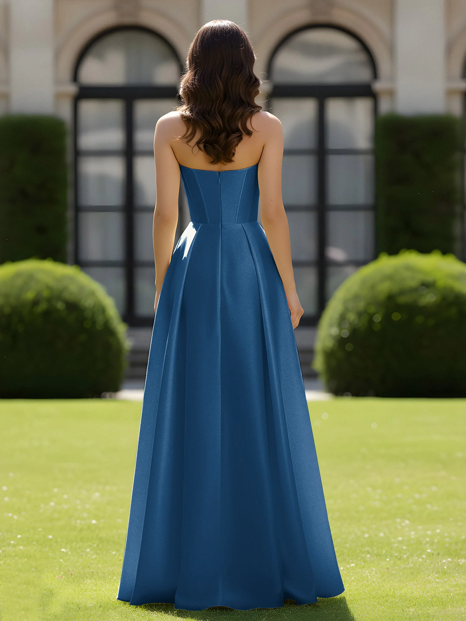 A-Line Sweetheart Satin Zipper Floor Length Gown Ink Blue - Image 2
