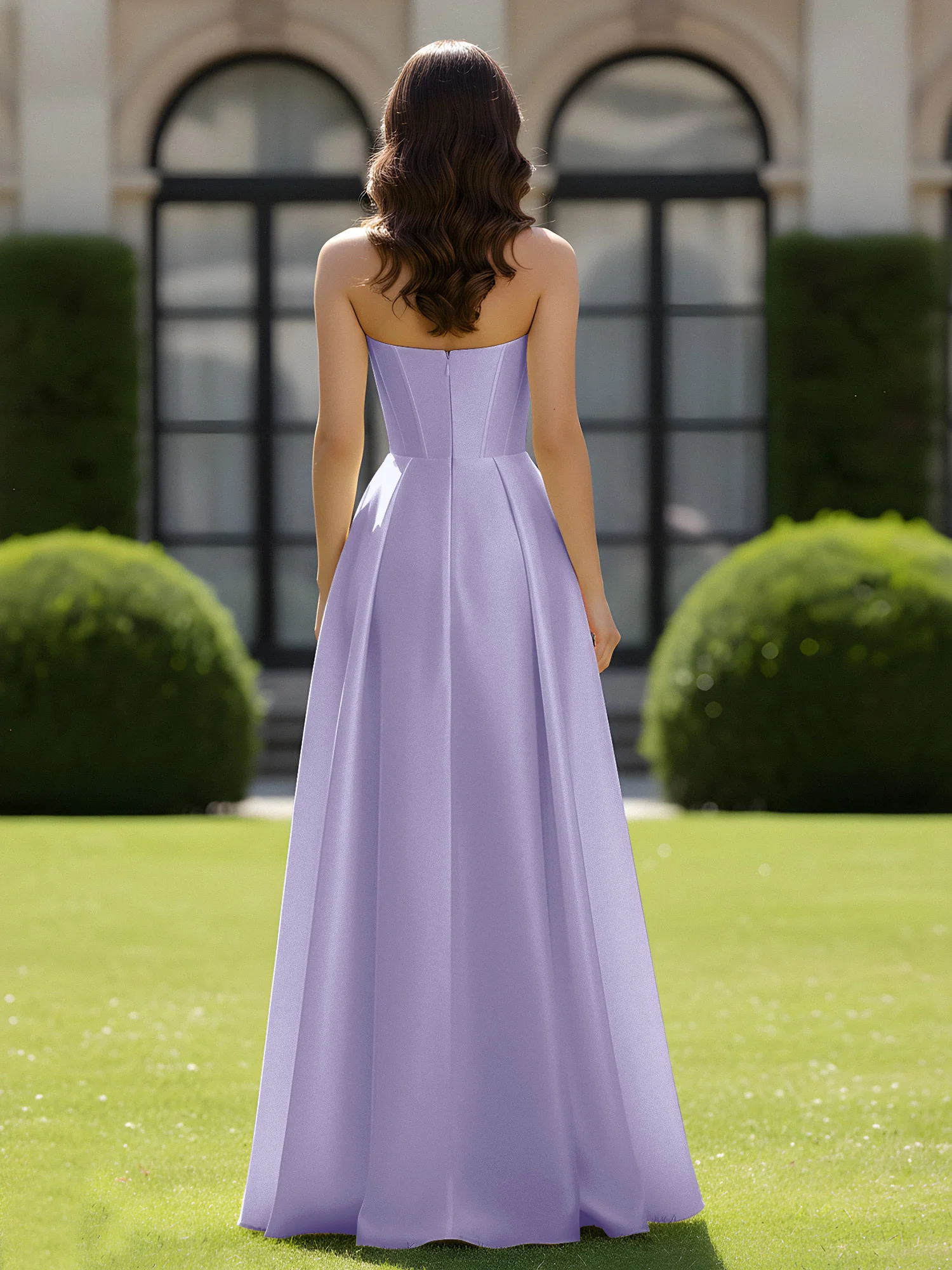A-Line Sweetheart Satin Zipper Floor Length Gown Lavender - Image 2