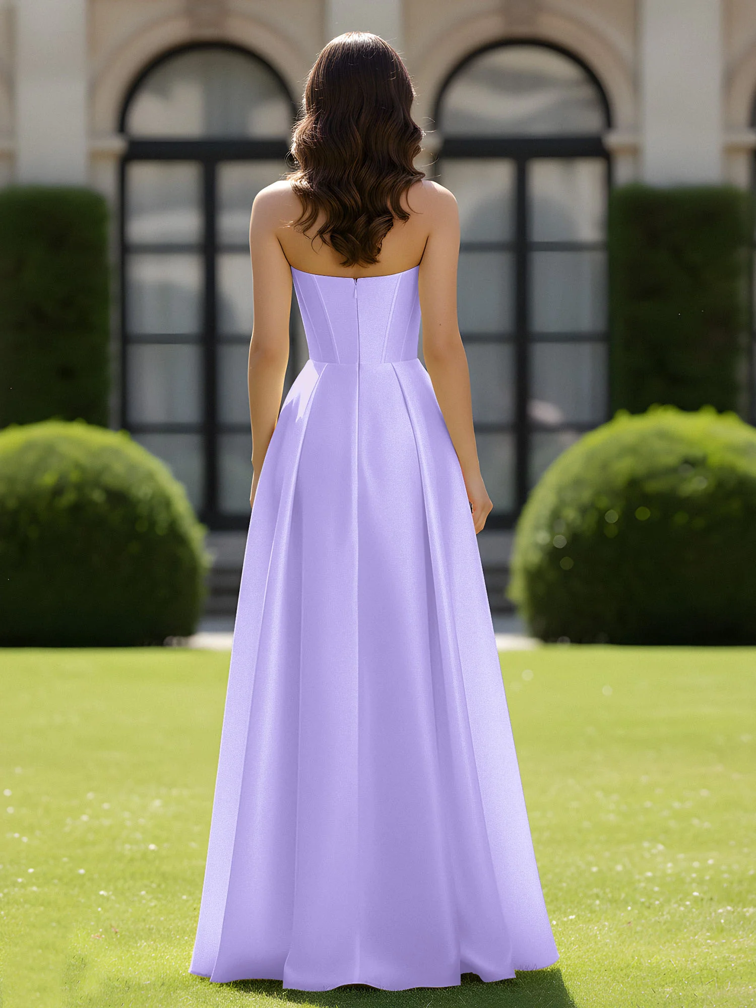 A-Line Sweetheart Satin Zipper Floor Length Gown Lilac - Image 2