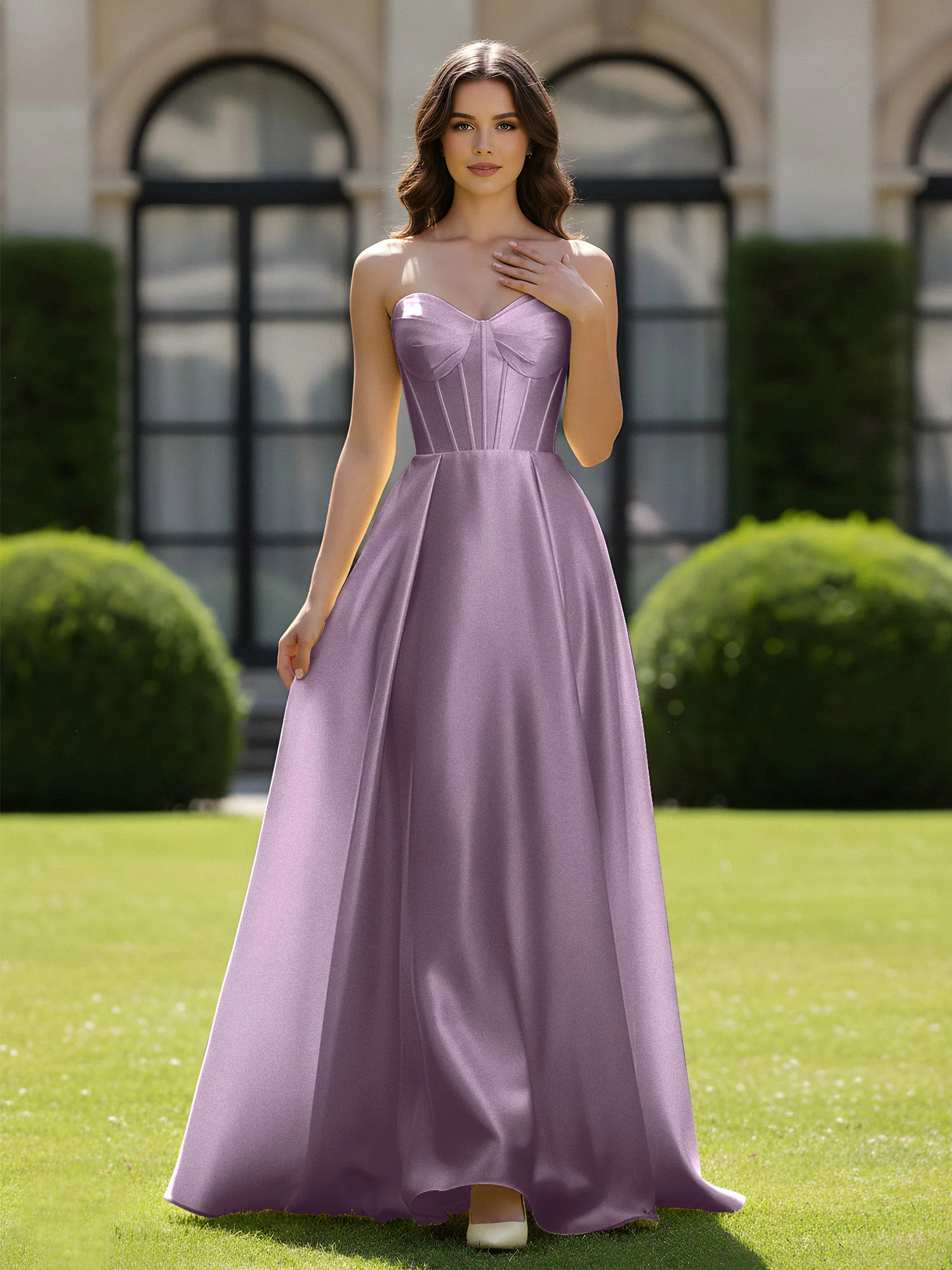 A-Line Sweetheart Satin Zipper Floor Length Gown Wisteria