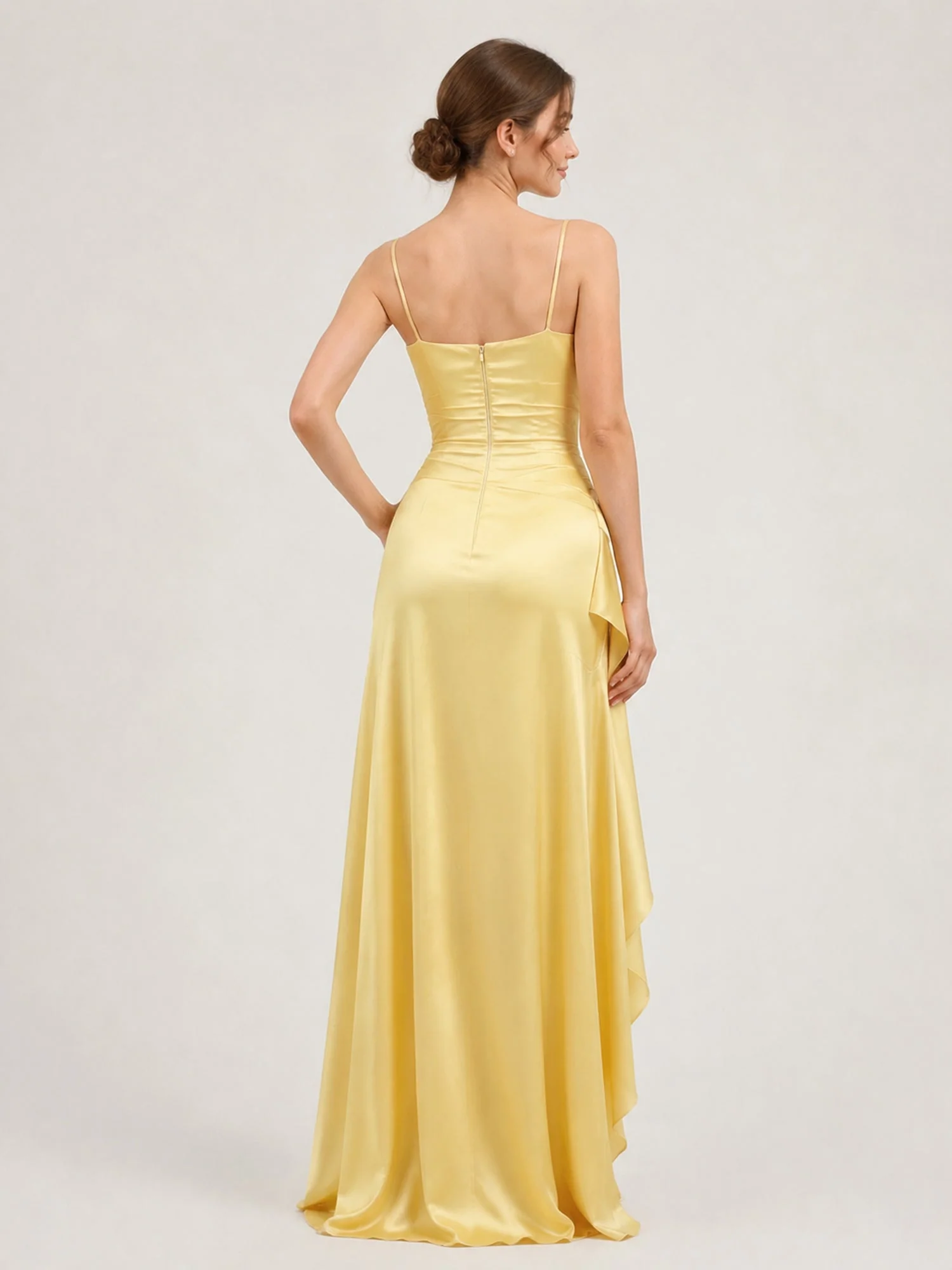 Satin Spaghetti Strap High-Low Gown with Ruched Bodice Dusty Rose - Image 2
