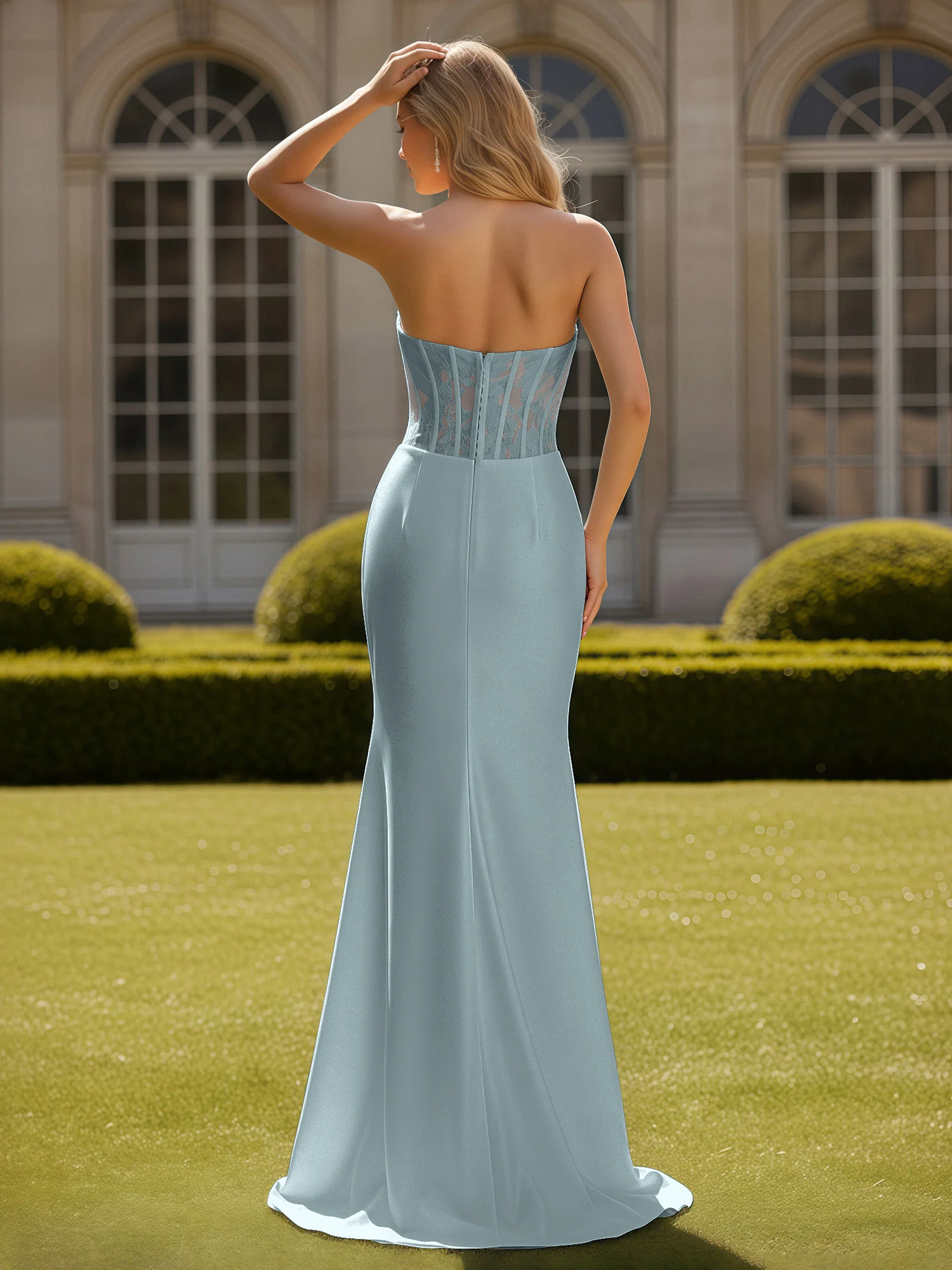 Mermaid Lace Sweetheart Pleated Prom Dress With Slit Dusty Blue - Image 2