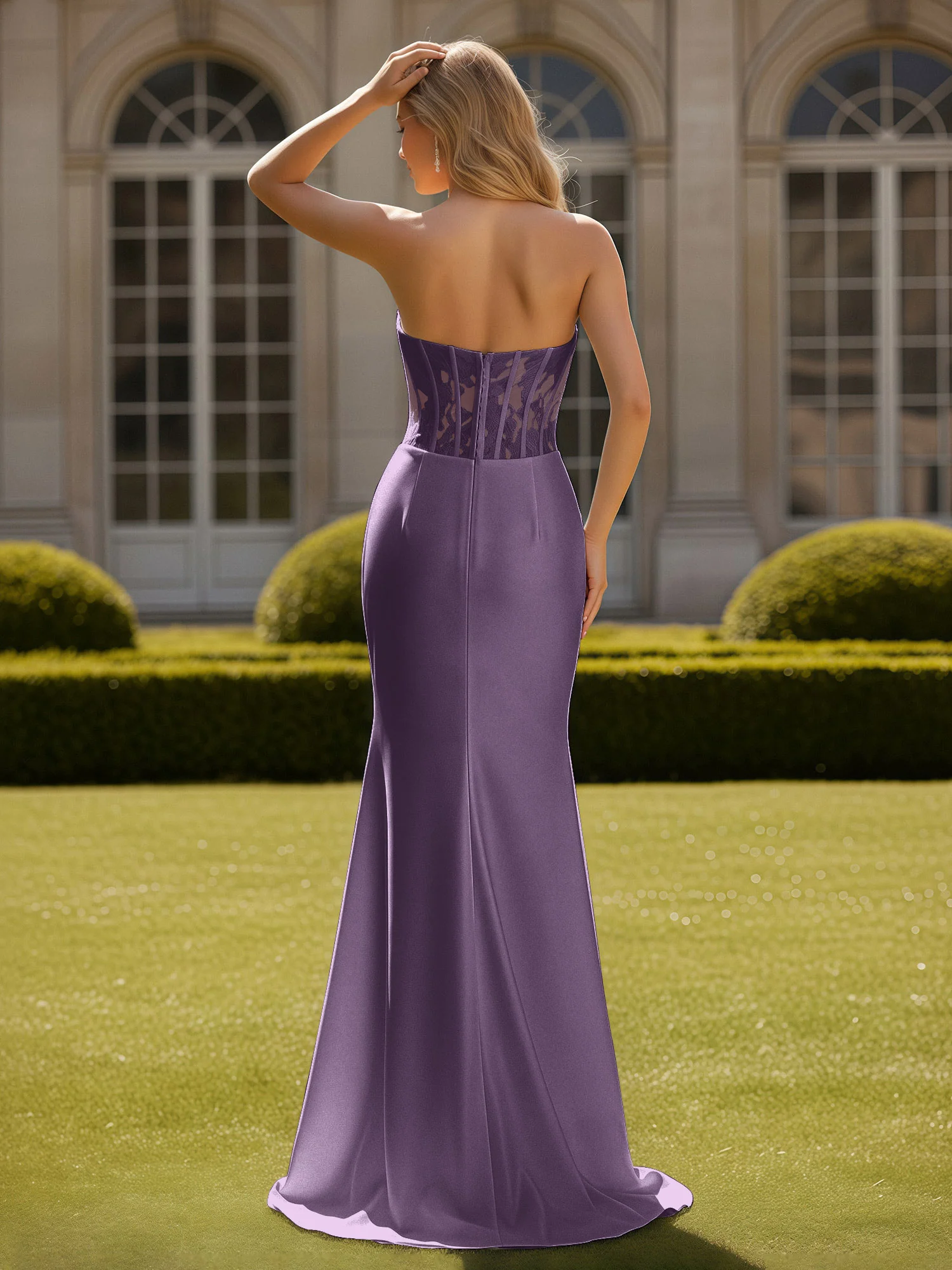 Mermaid Lace Sweetheart Pleated Prom Dress With Slit Plum - Image 2
