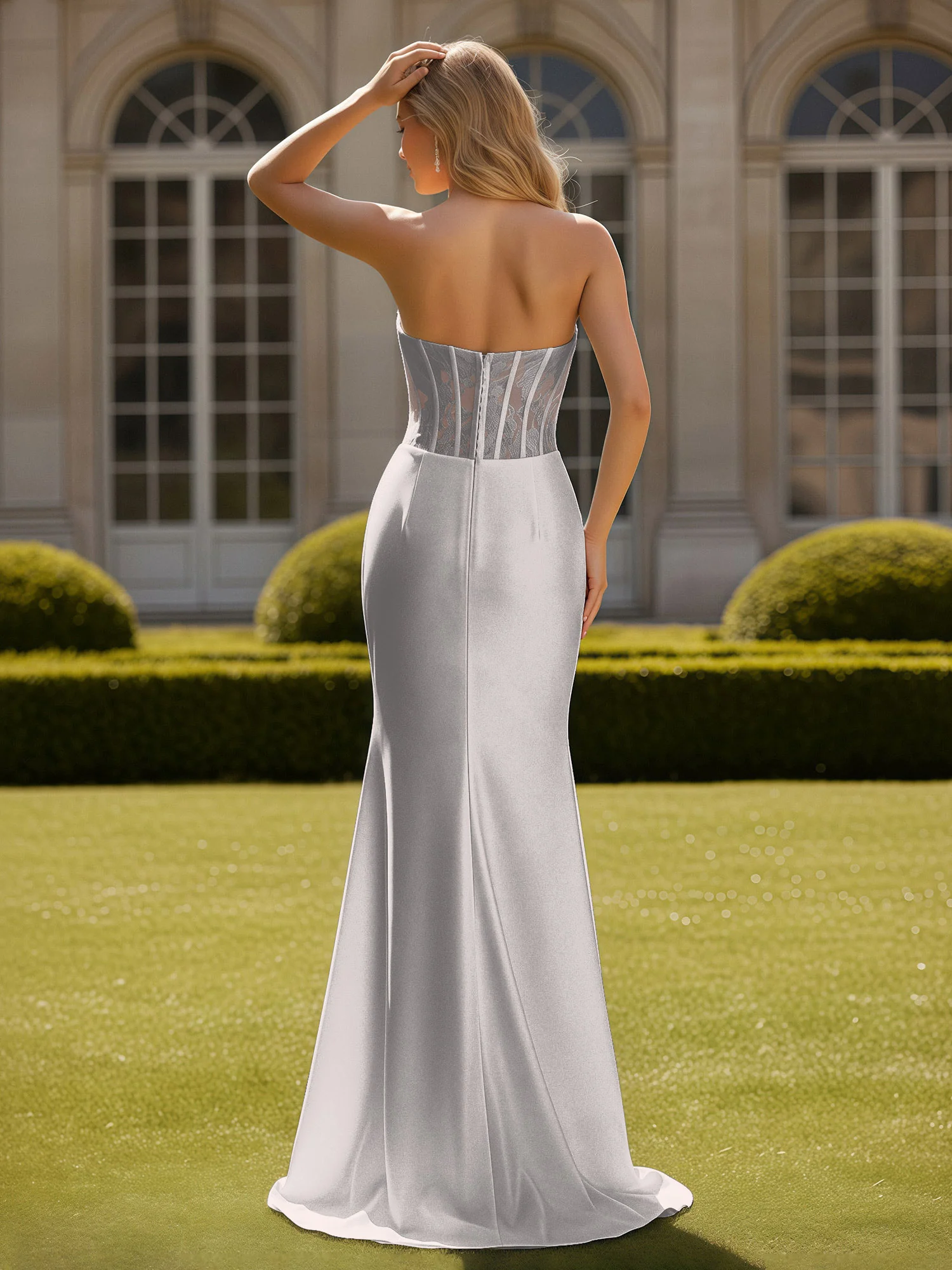 Mermaid Lace Sweetheart Pleated Prom Dress With Slit Silver - Image 2