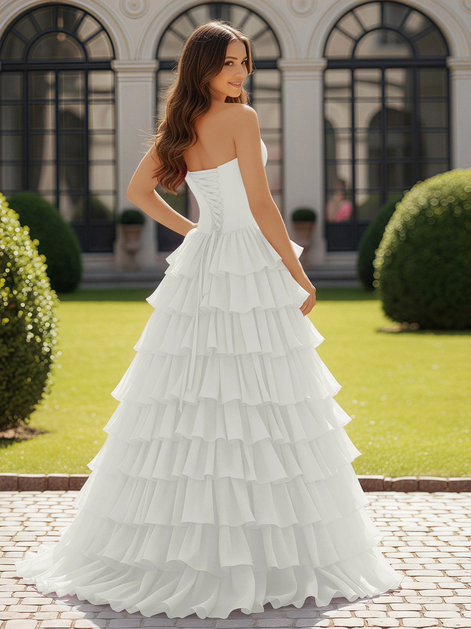 Ball Gown Strapless Chiffon Ruffle Prom Dress With Bow Ivory - Image 2