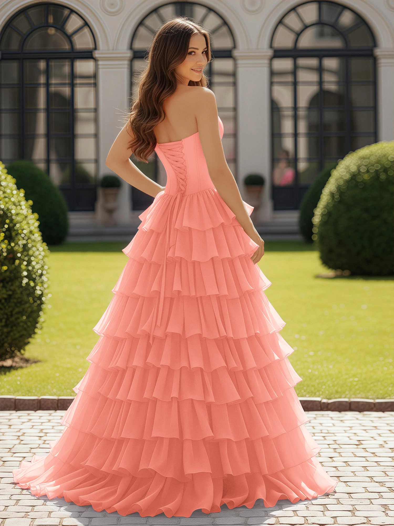 Ball Gown Strapless Chiffon Ruffle Prom Dress With Bow Sunset - Image 2