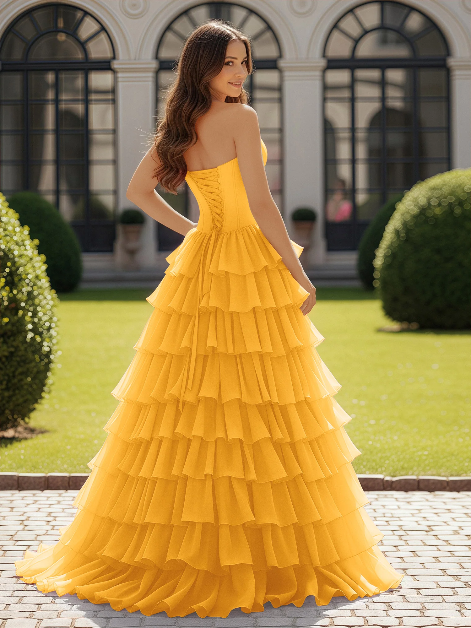 Ball Gown Strapless Chiffon Ruffle Prom Dress With Bow Tangerine - Image 2