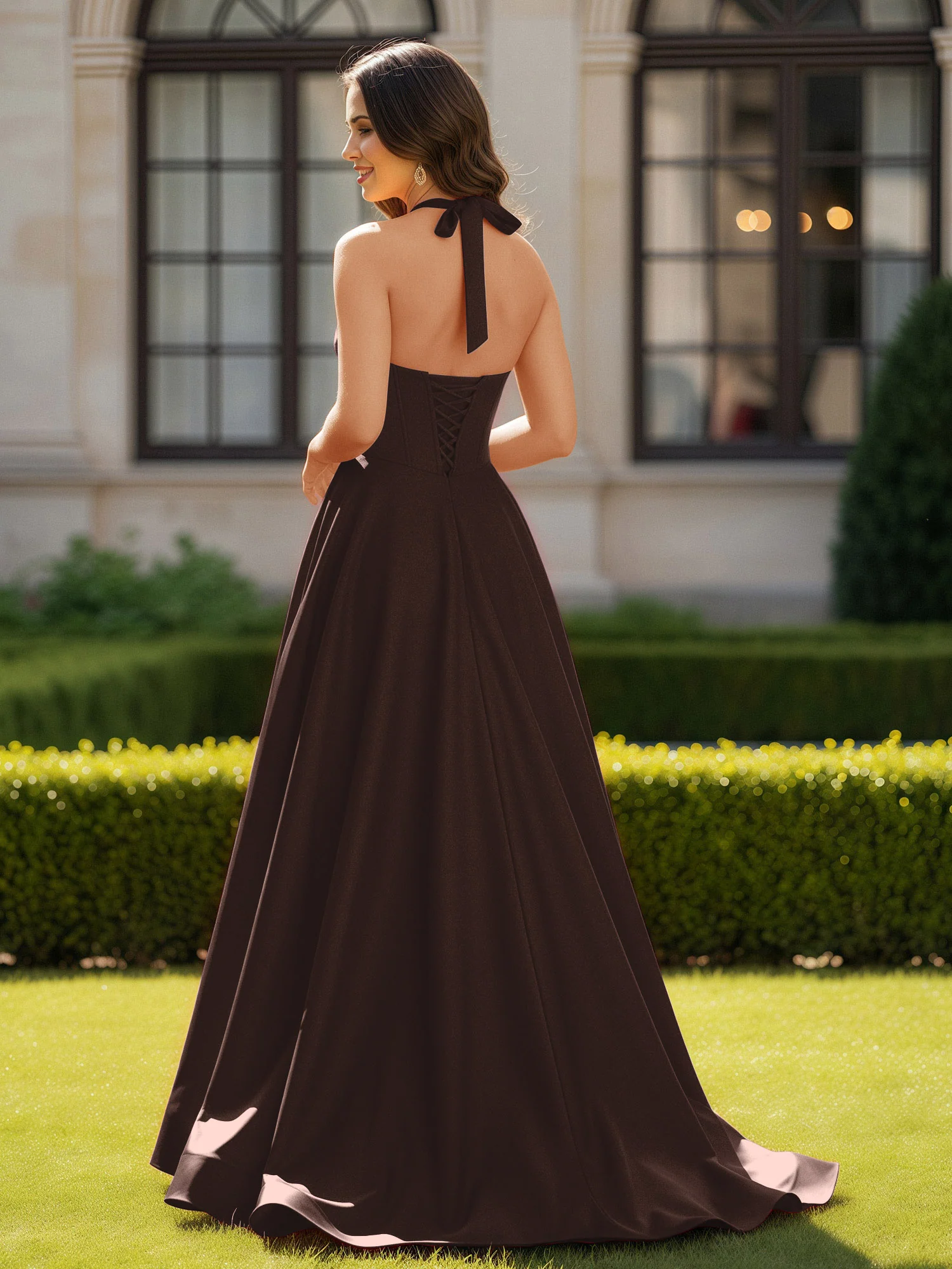 Halter Neck Sleeveless Satin Graceful Prom Dress Chocolate - Image 2