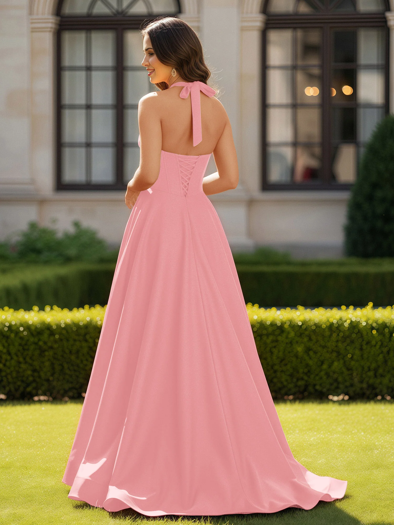 Halter Neck Sleeveless Satin Graceful Prom Dress Flamingo - Image 2
