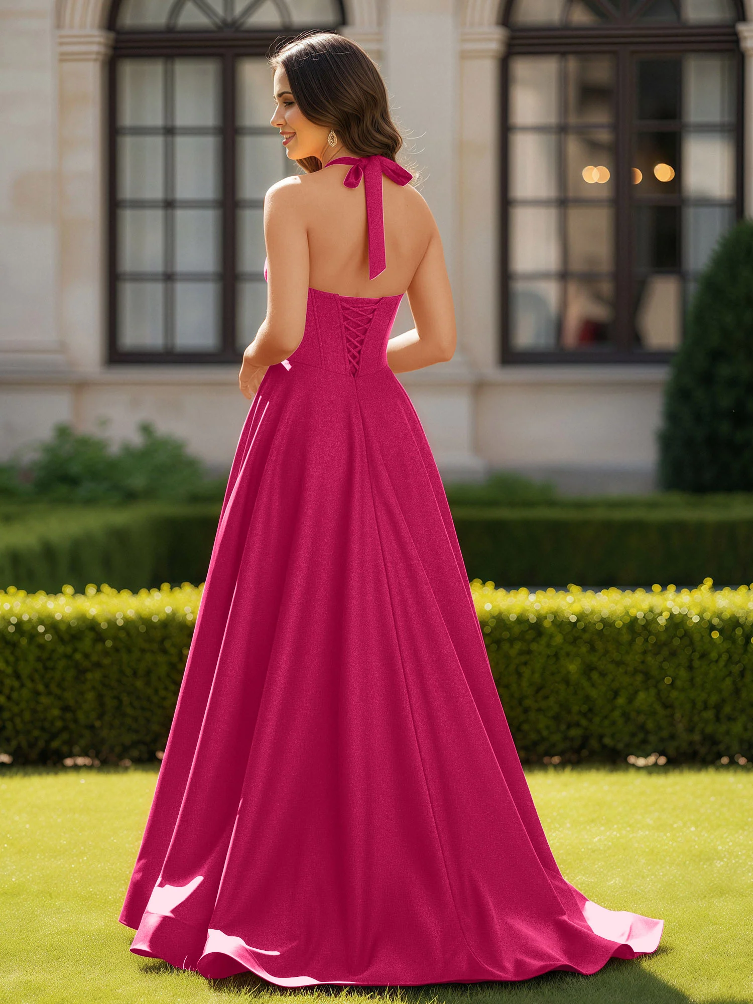 Halter Neck Sleeveless Satin Graceful Prom Dress Fuchsia - Image 2