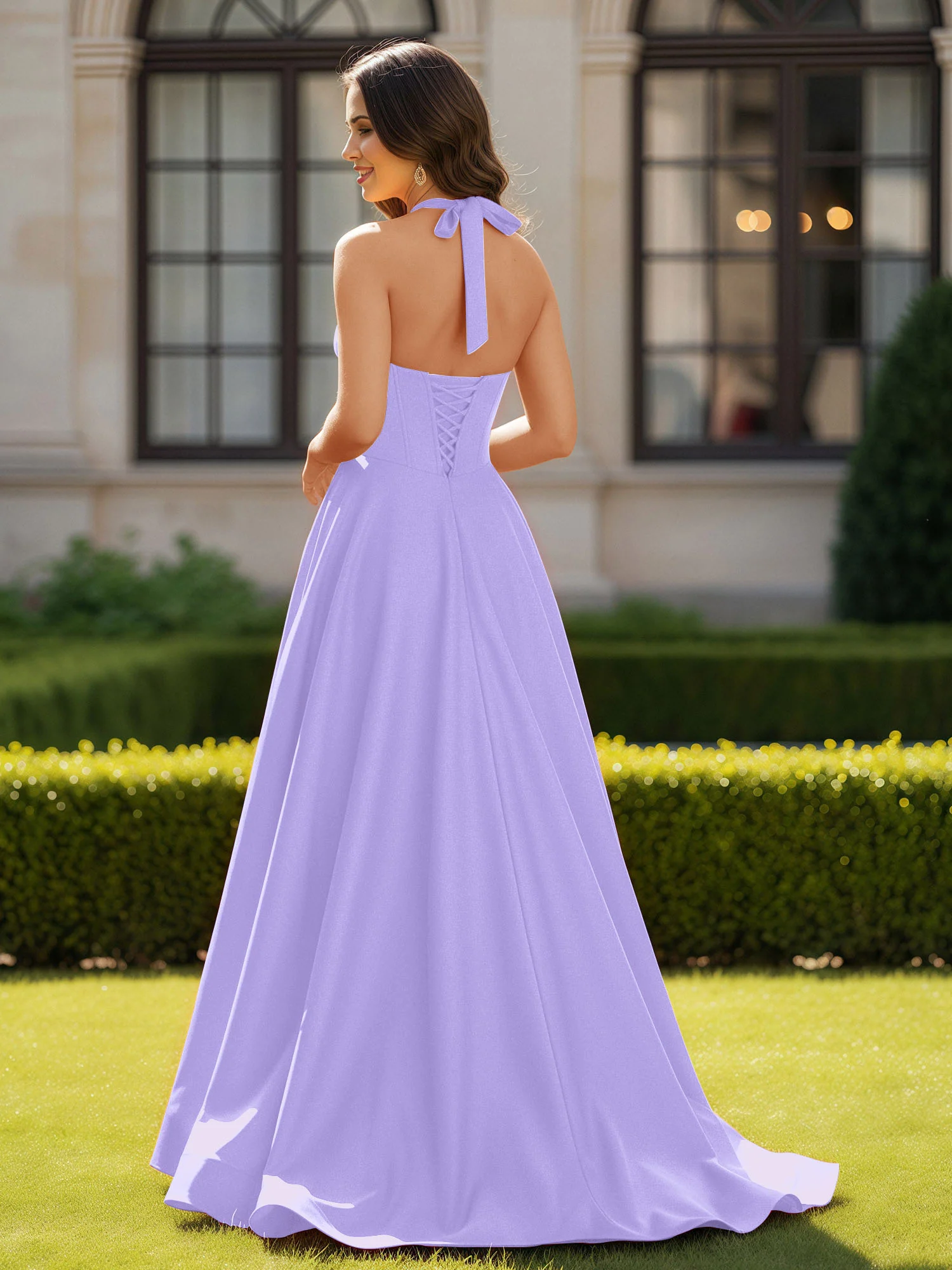 Halter Neck Sleeveless Satin Graceful Prom Dress Lilac - Image 2