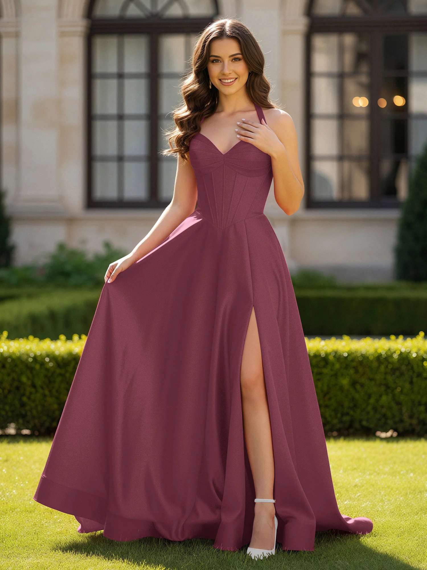 Halter Neck Sleeveless Satin Graceful Prom Dress Mulberry