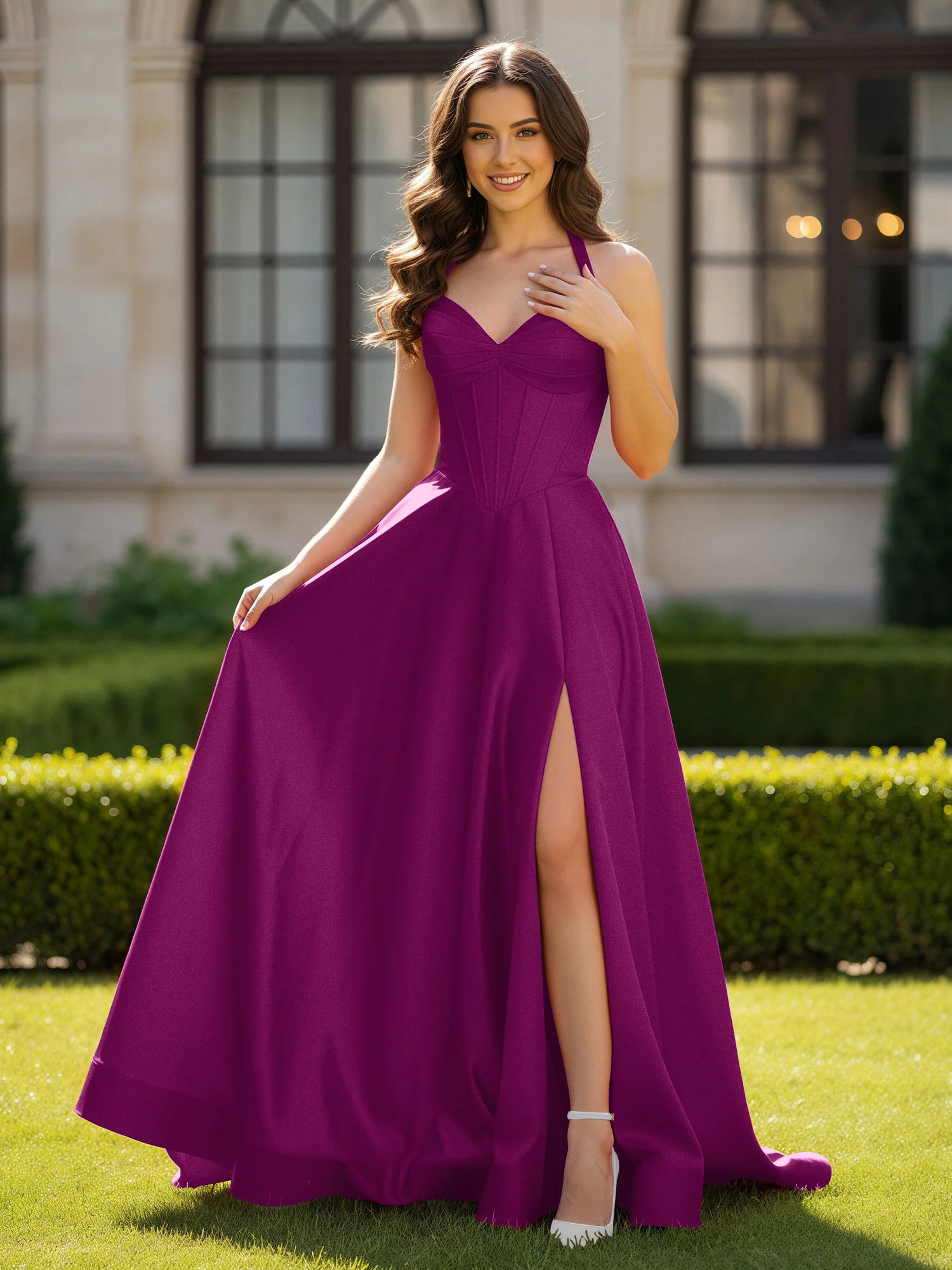 Halter Neck Sleeveless Satin Graceful Prom Dress Orchid