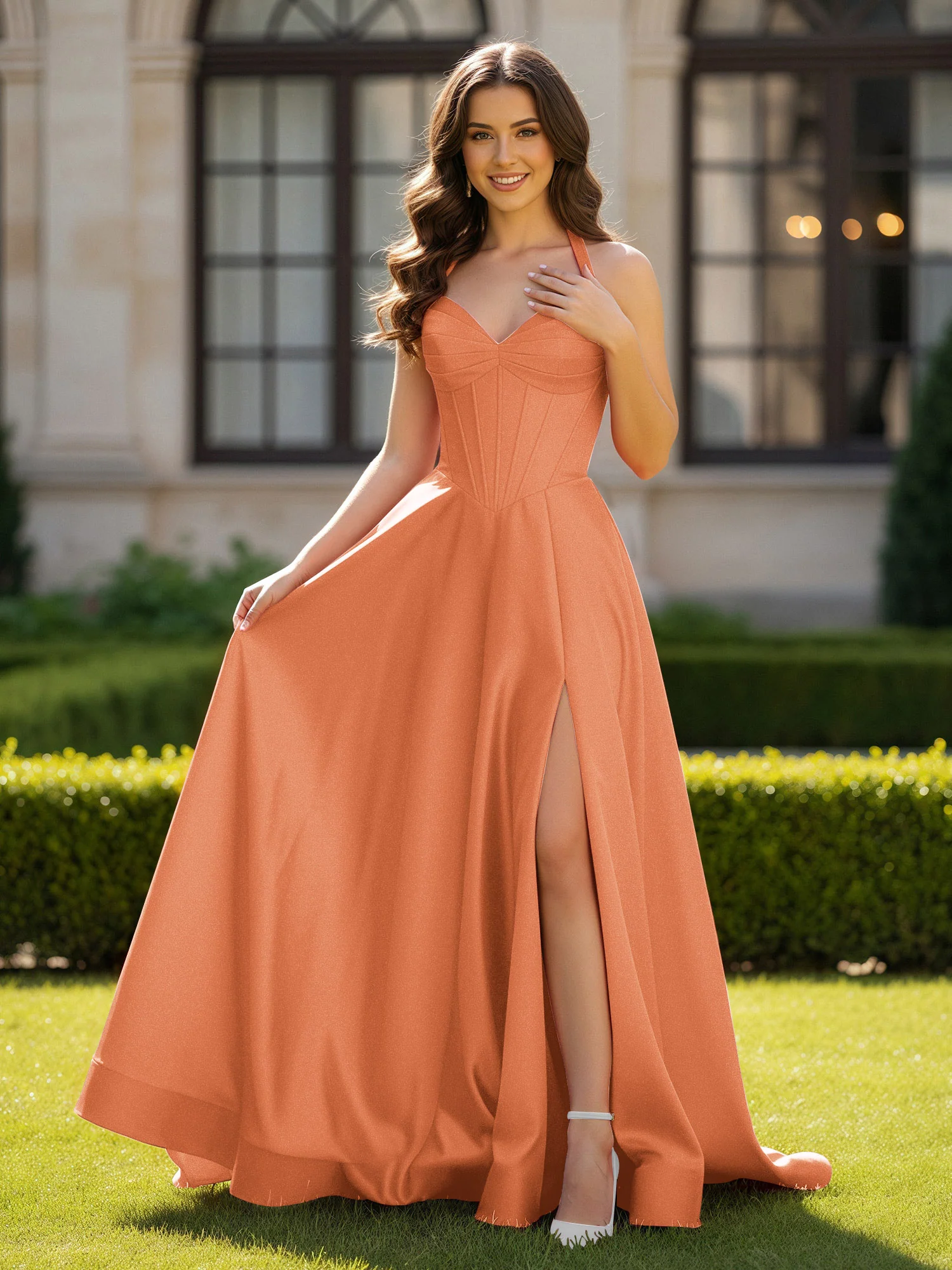 Halter Neck Sleeveless Satin Graceful Prom Dress Papaya